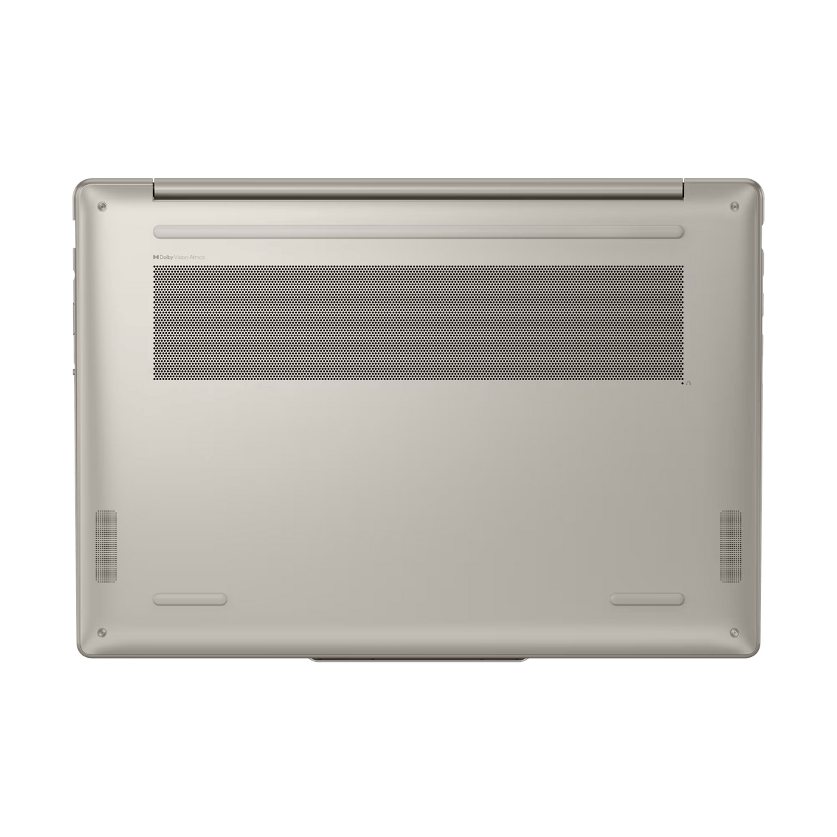 Spód srebrnego laptopa z otworami wentylacyjnymi i maskownicami głośników.