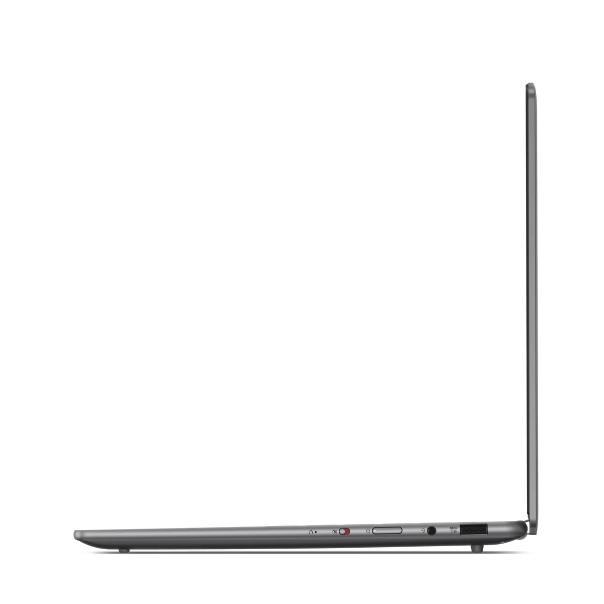 Un portátil plateado visto de lado. La pantalla está cerrada y el perfil lateral es limpio y minimalista.