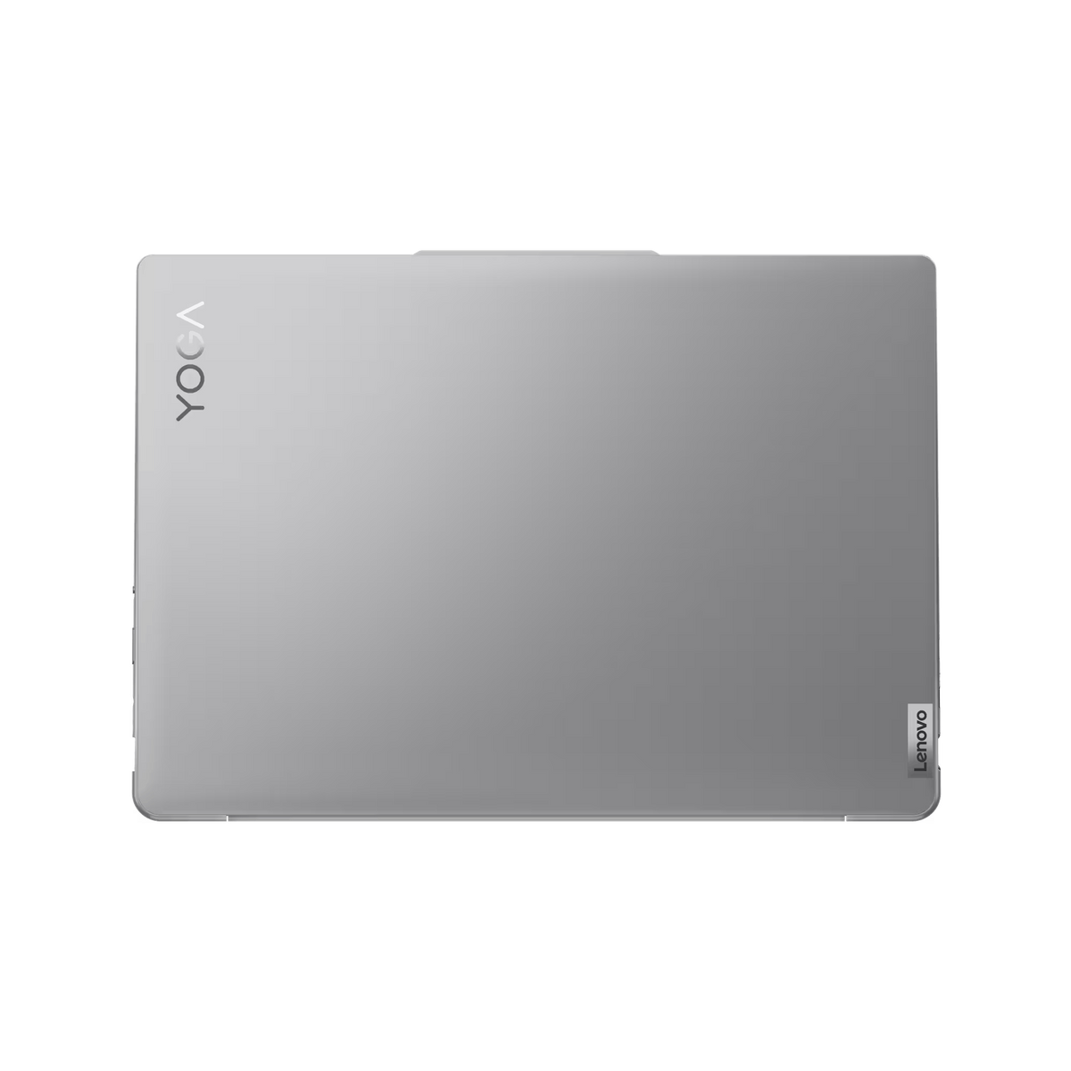 Portátil plateado cerrado, vista superior. La palabra 'YOGA' está arriba a la izquierda. Logo Lenovo abajo derecha.