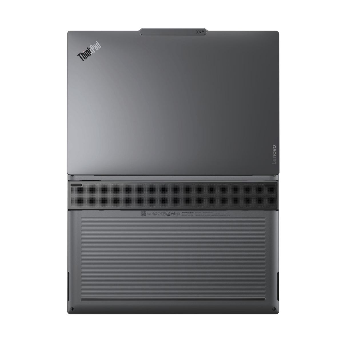 Portátil Lenovo ThinkPad gris, vista superior, abierto. Pantalla y teclado visibles.