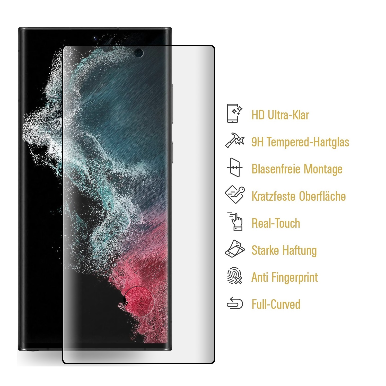 Telefon mit Displayschutz. Rechts, ein Glasschutz mit Textlabels zu seinen Funktionen.