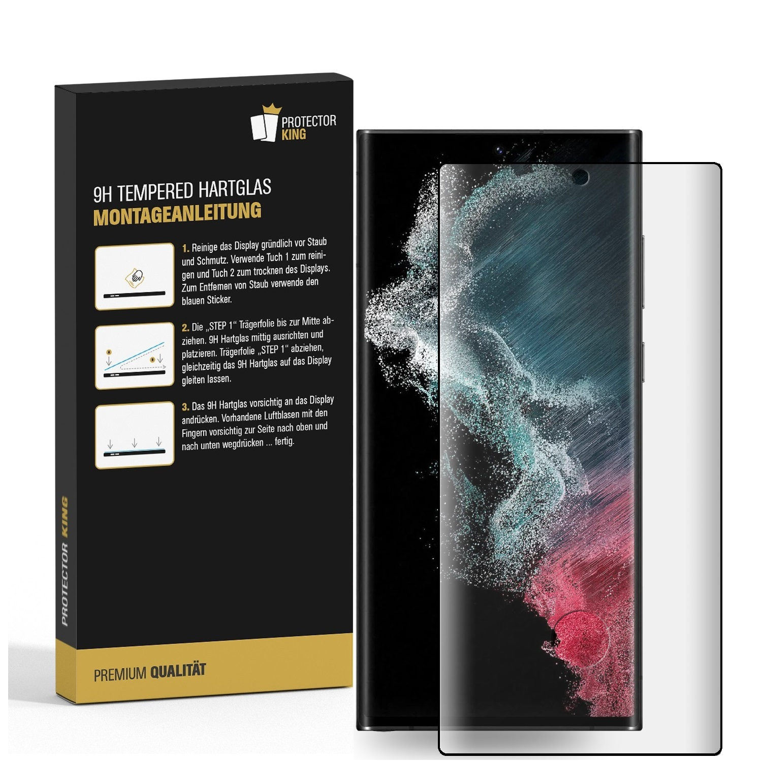 Ein Telefon mit Displayschutz neben einer Schachtel. Die Schachtel enthält Anweisungen und den Displayschutz.