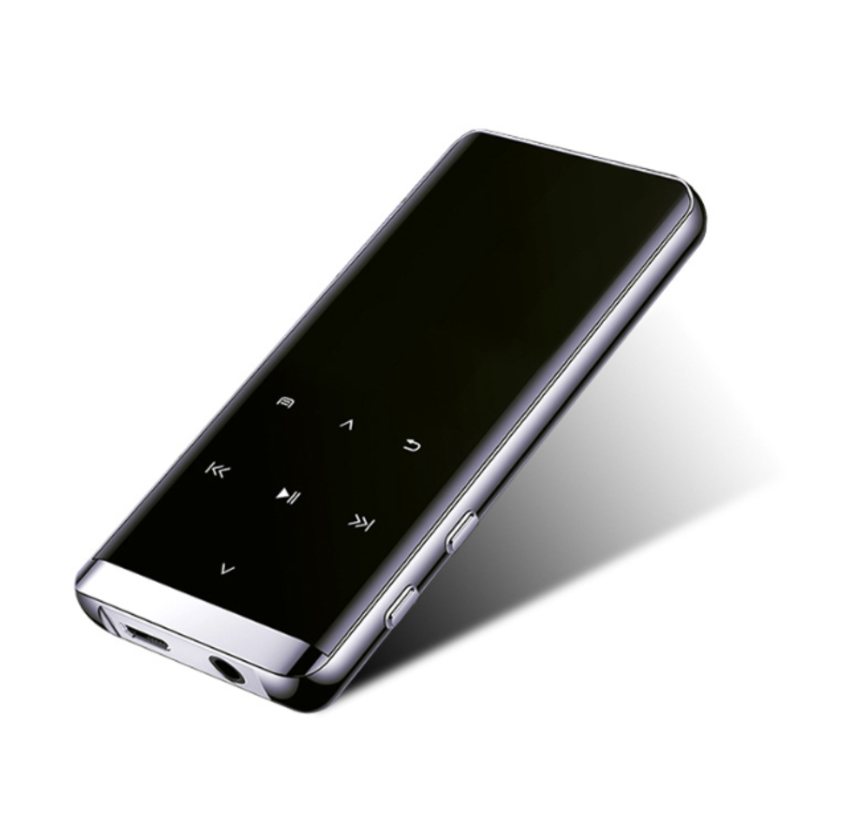 Elegantes, schwarzes MP3-Player mit Steuertasten und einem Bildschirm. Es befindet sich auf weißem Hintergrund.