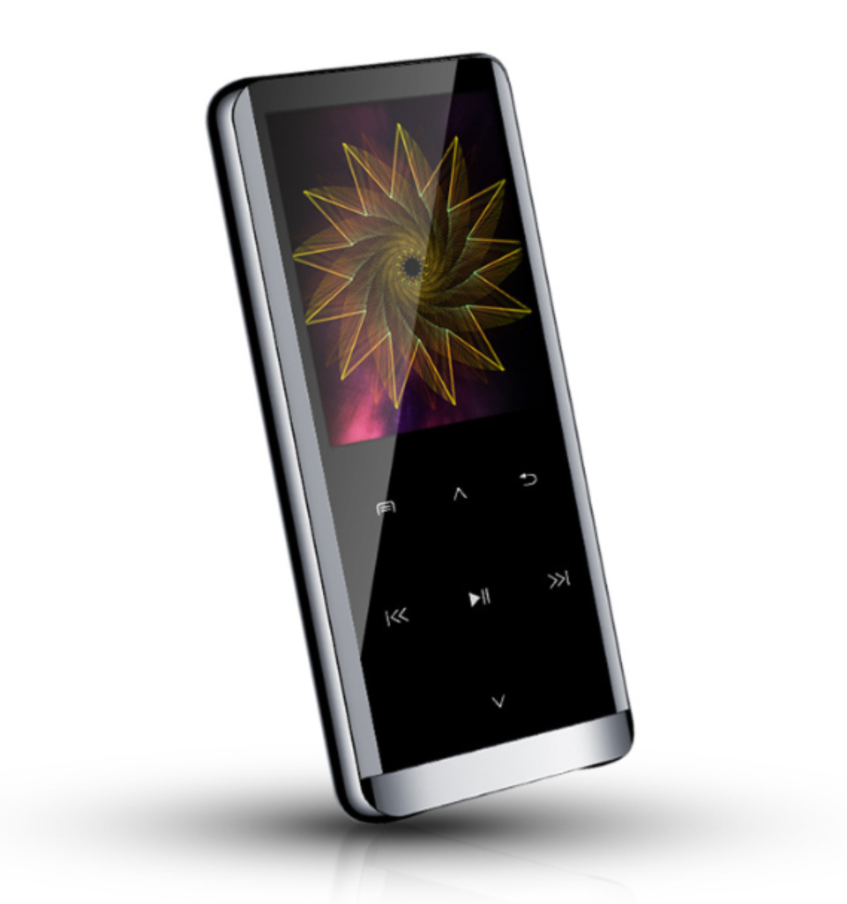 Ein schwarzer MP3-Player mit einem Bildschirm, der ein farbenfrohes Design zeigt, auf weißem Hintergrund.