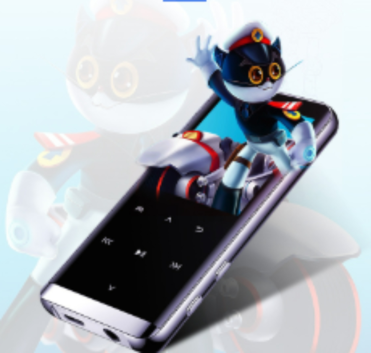 Ein Zeichentrick-Katzencharakter erscheint aus einem Telefonbildschirm. Das Telefon ist schwarz und weiß.