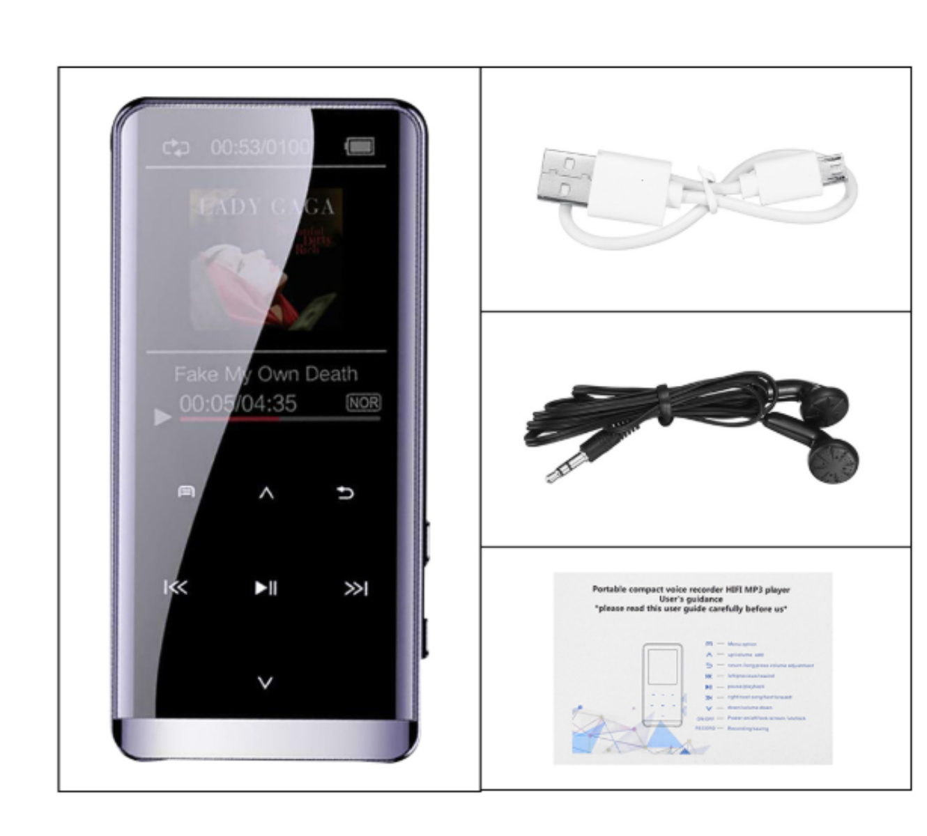 Tragbarer MP3-Player mit Zubehör: USB-Kabel, Ohrhörer und Benutzerhandbuch.