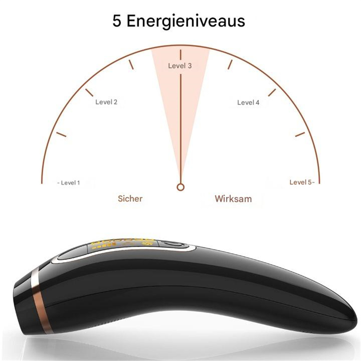 Ein schwarzes Schönheitsgerät mit einem Zifferblatt, das fünf Energiestufen anzeigt.