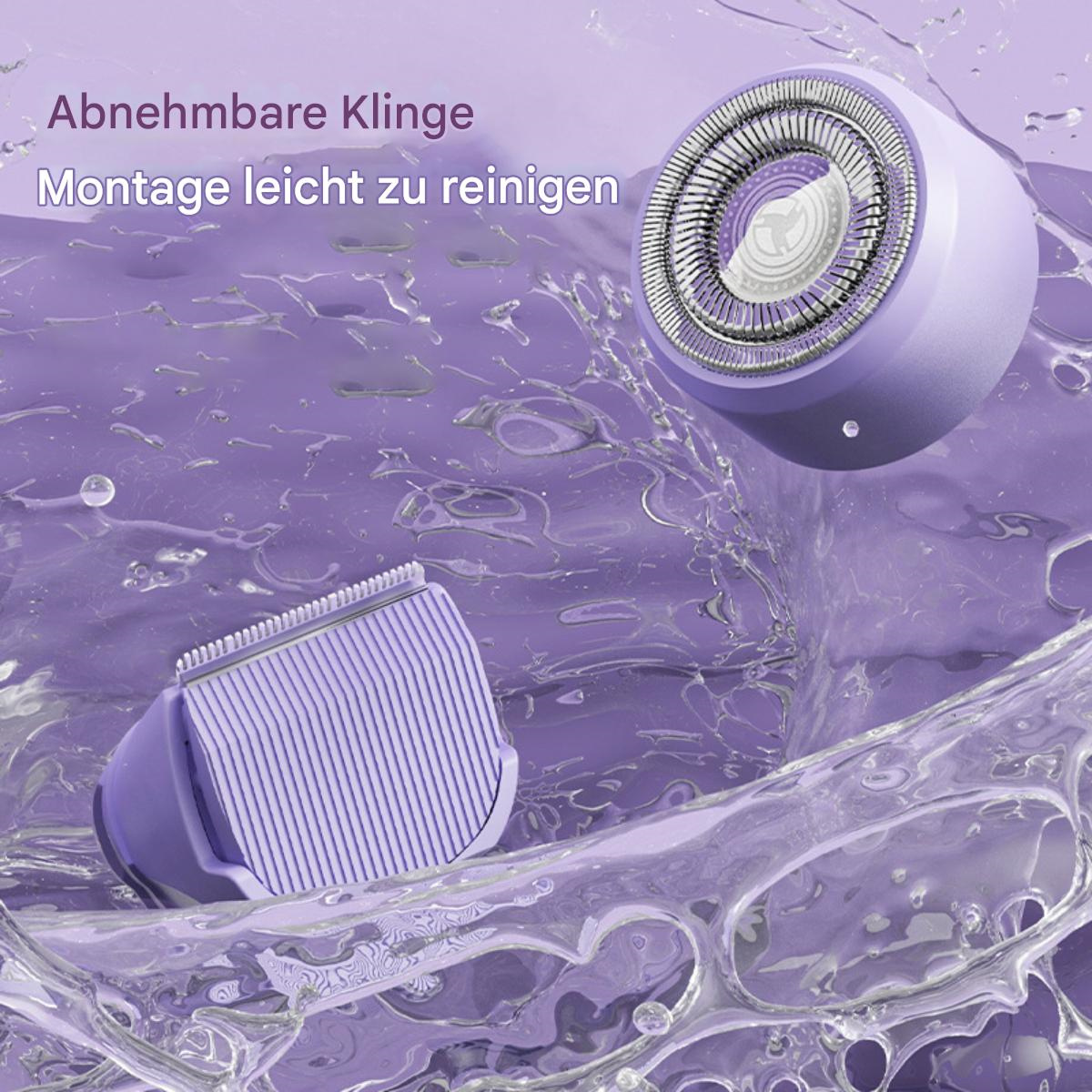 Lila elektrischer Rasierer mit zwei Köpfen und Ladestation, in einer Wasserspritzereinstellung.