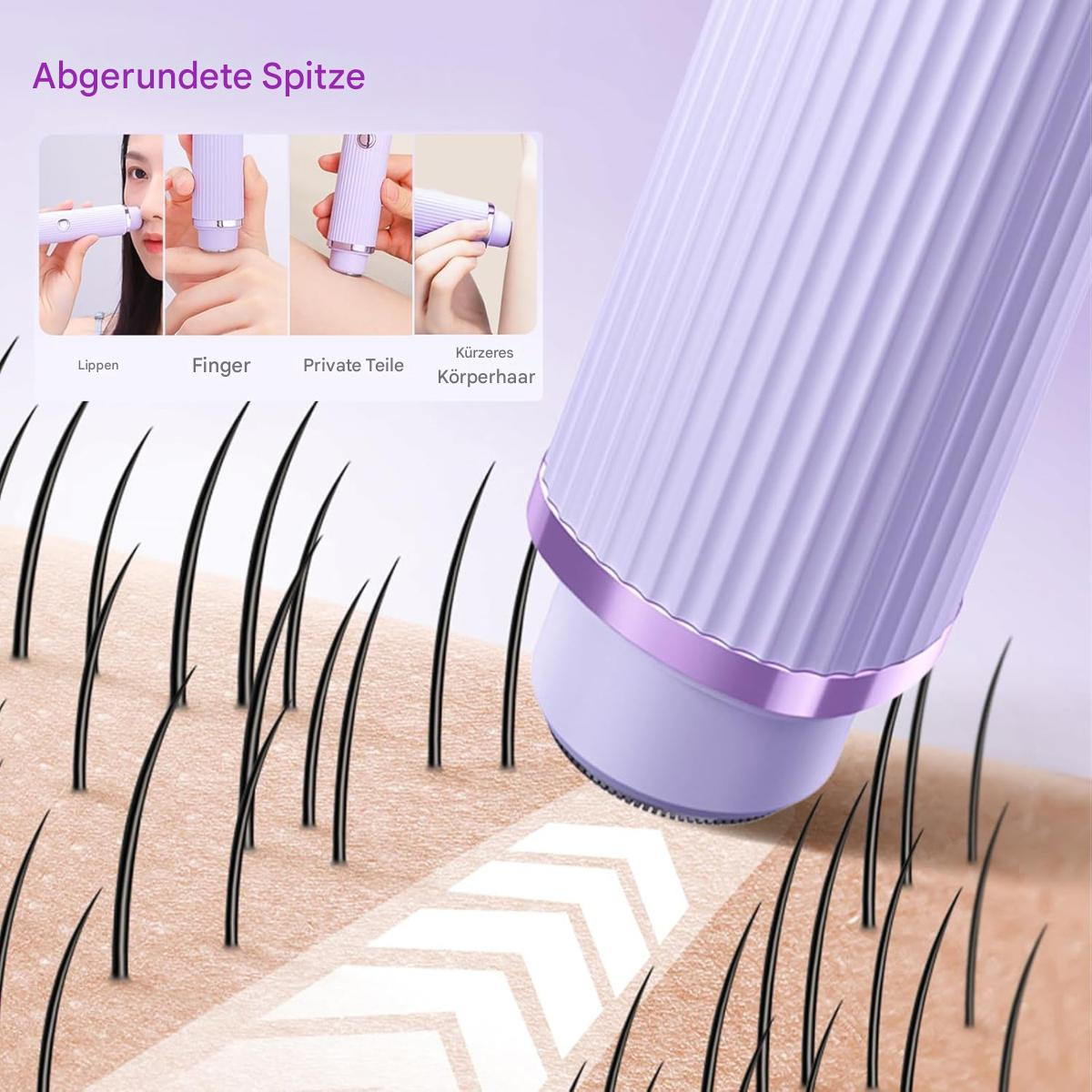 Ein Gerät mit Illustrationen, die Haarentfernung an Lippen, Fingern, Intimbereich und kürzerem Körperhaar zeigen.
