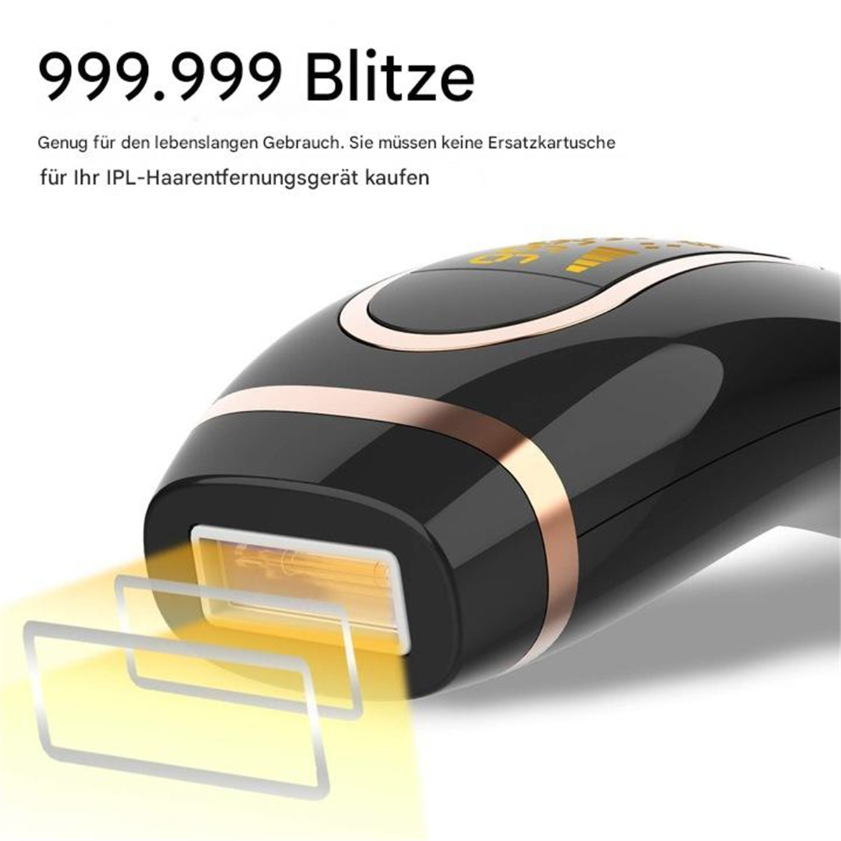 Schwarzes und goldenes Haarentfernungsgerät mit hervorgehobenem Licht.