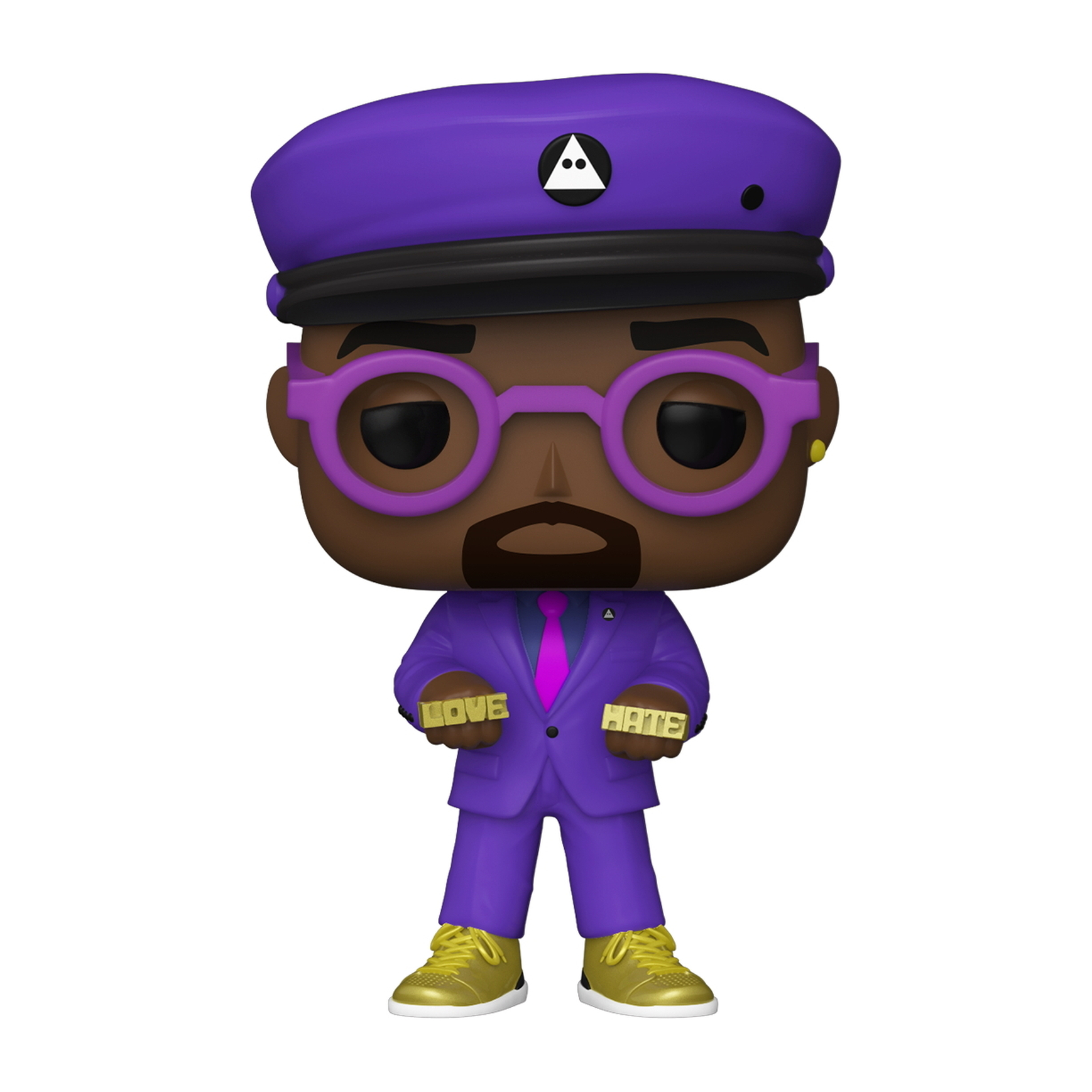 Funko Pop Figur eines Mannes in lila Anzug und Hut, der "LOVE HATE" Ringe hält.