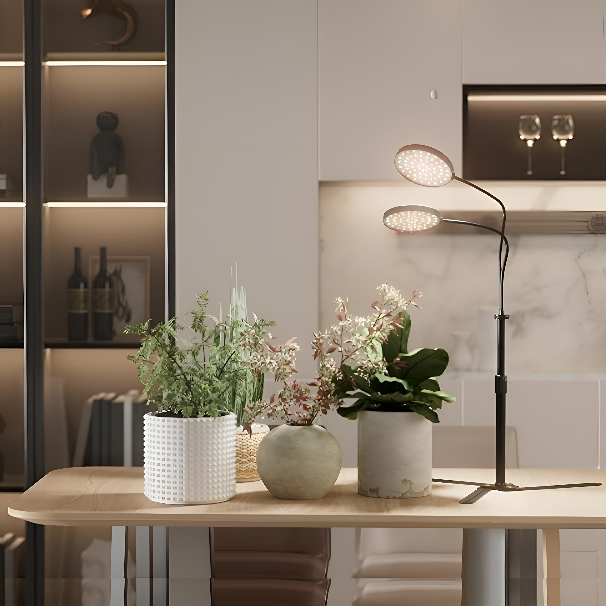 Ein Holztisch mit Pflanzen und einer doppelköpfigen LED-Lampe, Küche und Regale im Hintergrund.