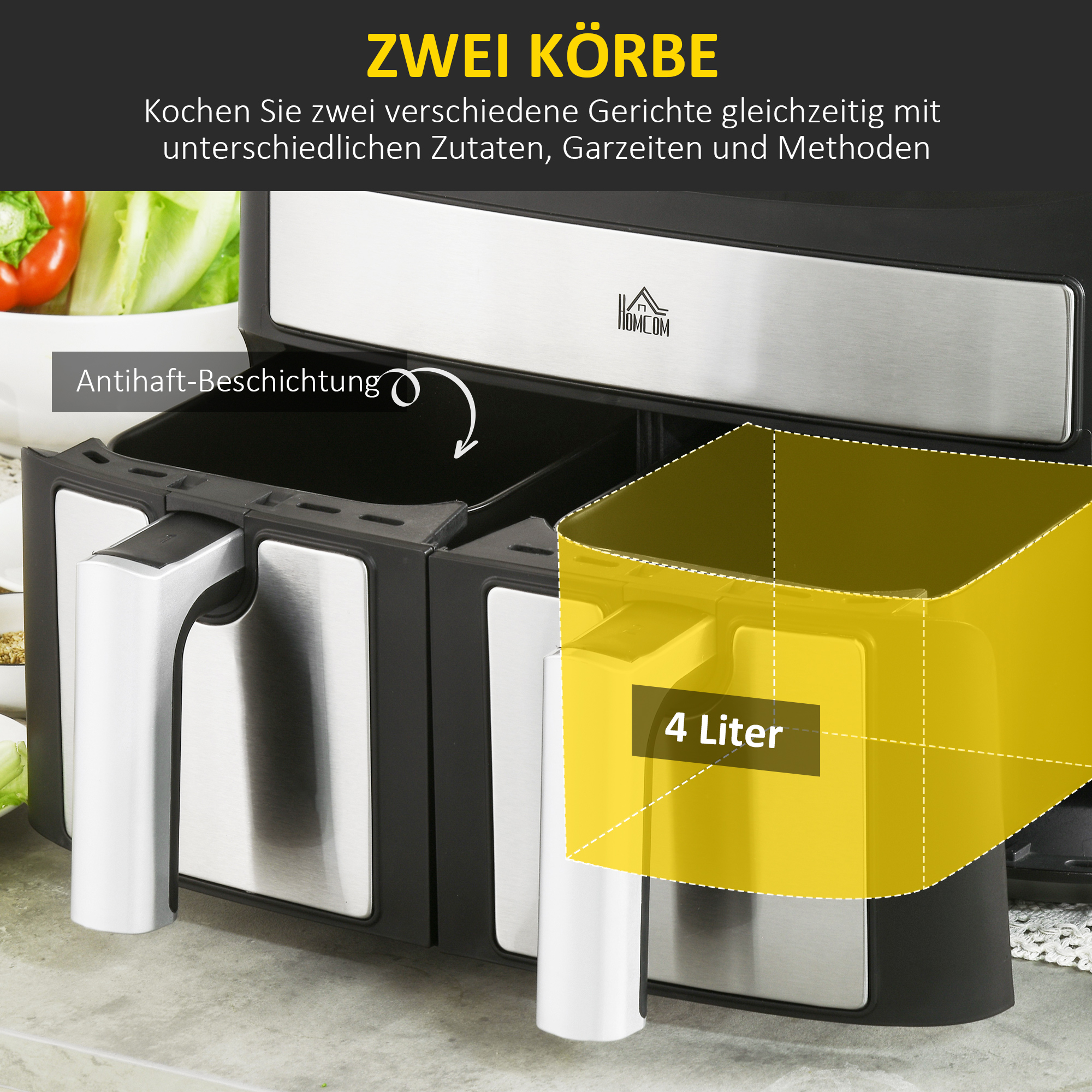 Heißluftfritteuse mit zwei Körben, silbernen Griffen, schwarzem Gehäuse und gelbem Volumenindikator.