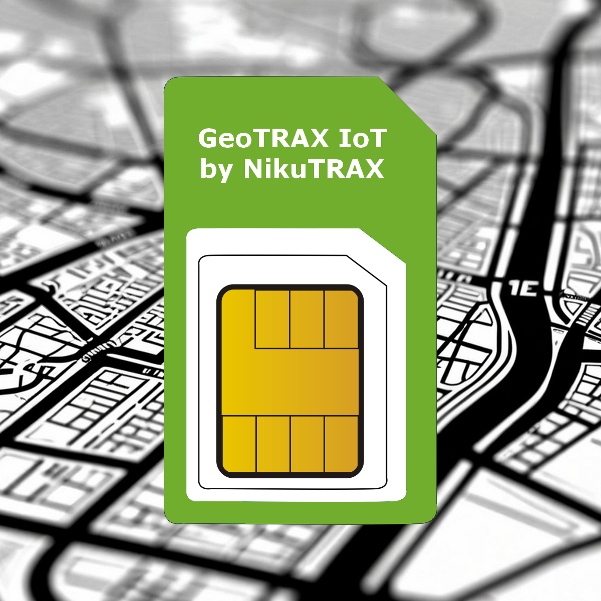 Eine grüne SIM-Karte mit goldenem Chip, beschriftet GeoTRAX IoT von NikuTRAX, vor Kartenhintergrund.