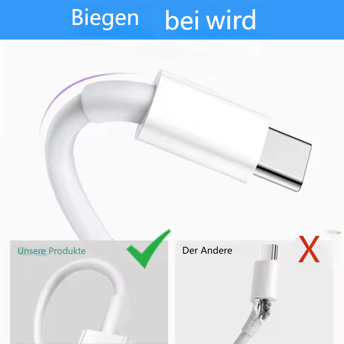 Ein Vergleich von USB-C-Kabeln, der ein flexibles Kabel als 'Unsere Produkte' und ein beschädigtes als 'Der Andere' zeigt.