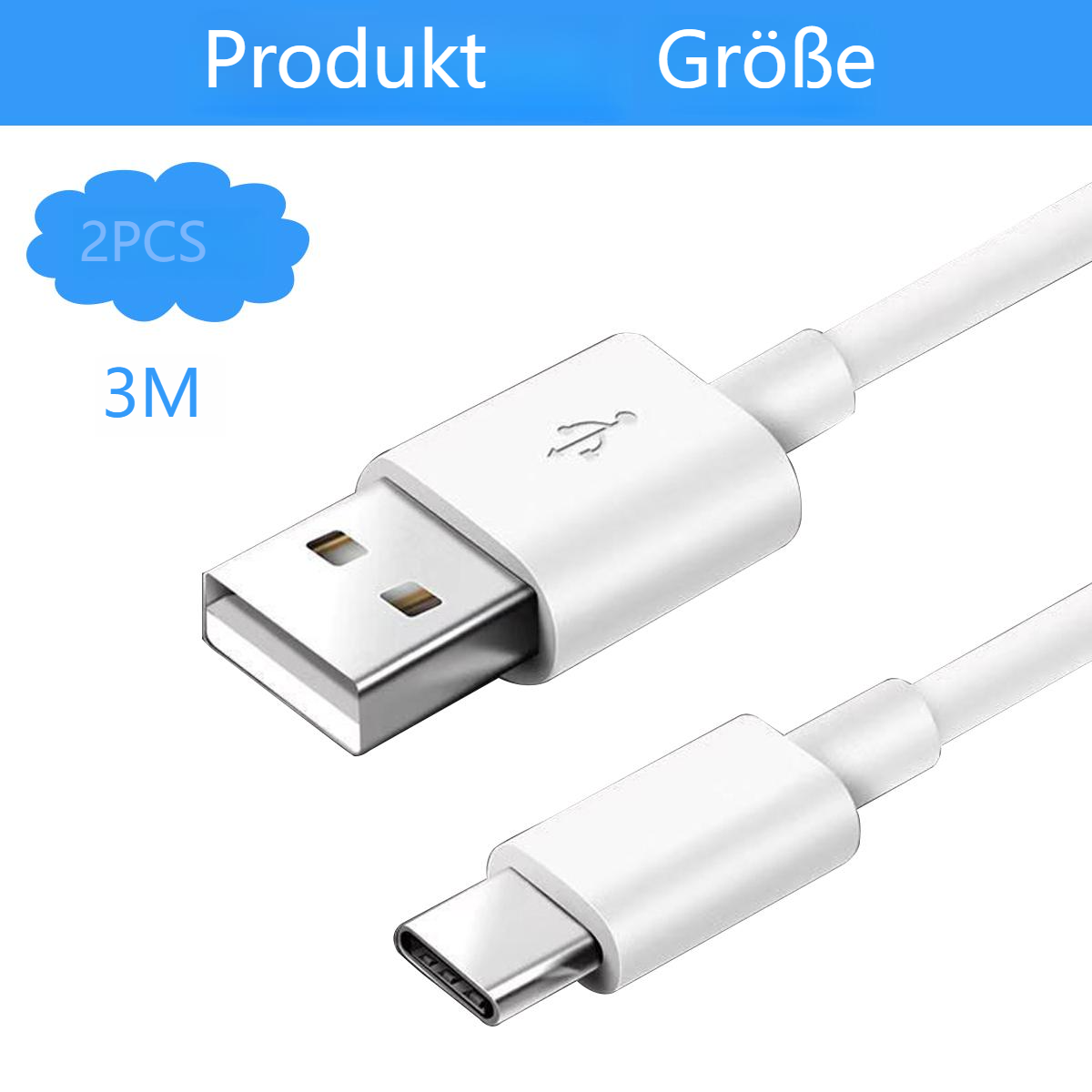 Weißes USB-Kabel mit USB-A- und USB-C-Anschluss. 2 STK, 3M-Etikett.