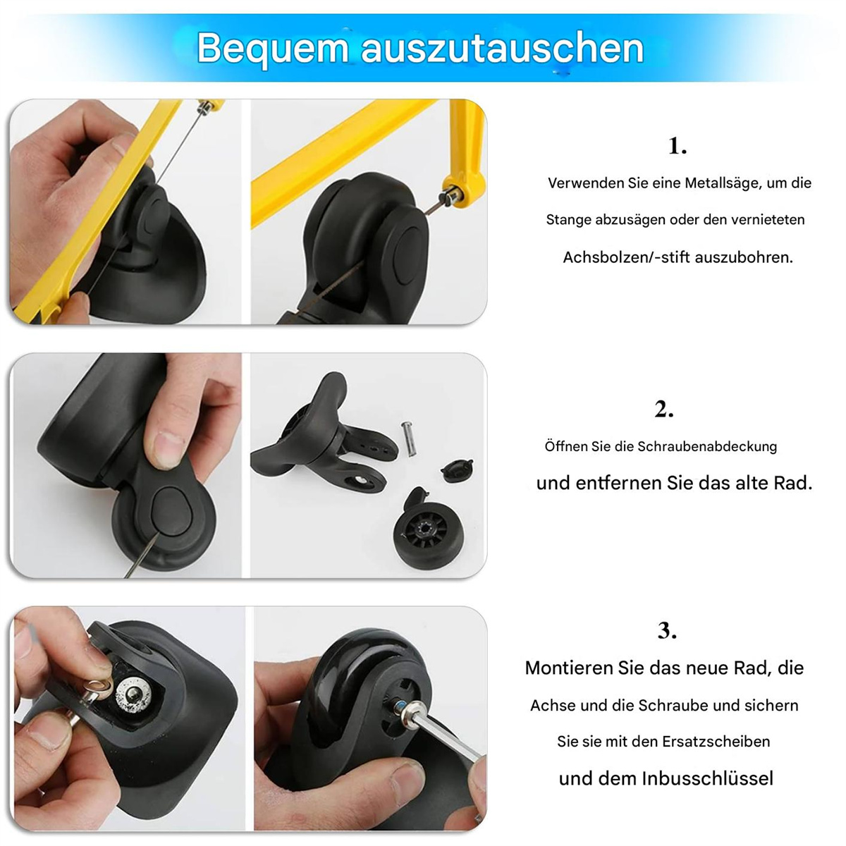 Anweisungen zum Ersetzen eines Gepäckrads. Schritte umfassen Werkzeuge, Ausbau des alten Rads und Einbau des neuen.