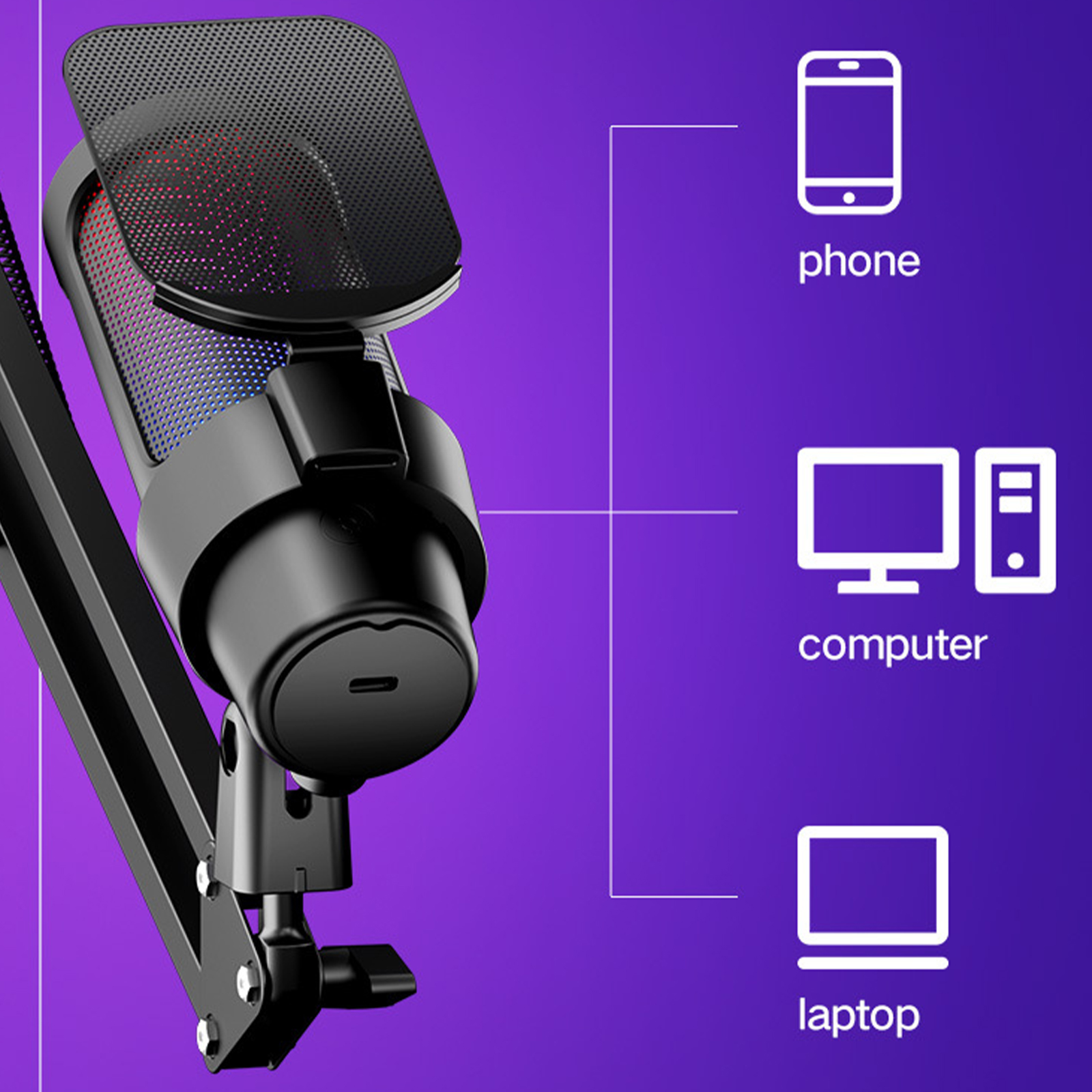 Ein Mikrofon mit Pop-Filter und Ständer, mit Symbolen für Telefon, Computer und Laptop.