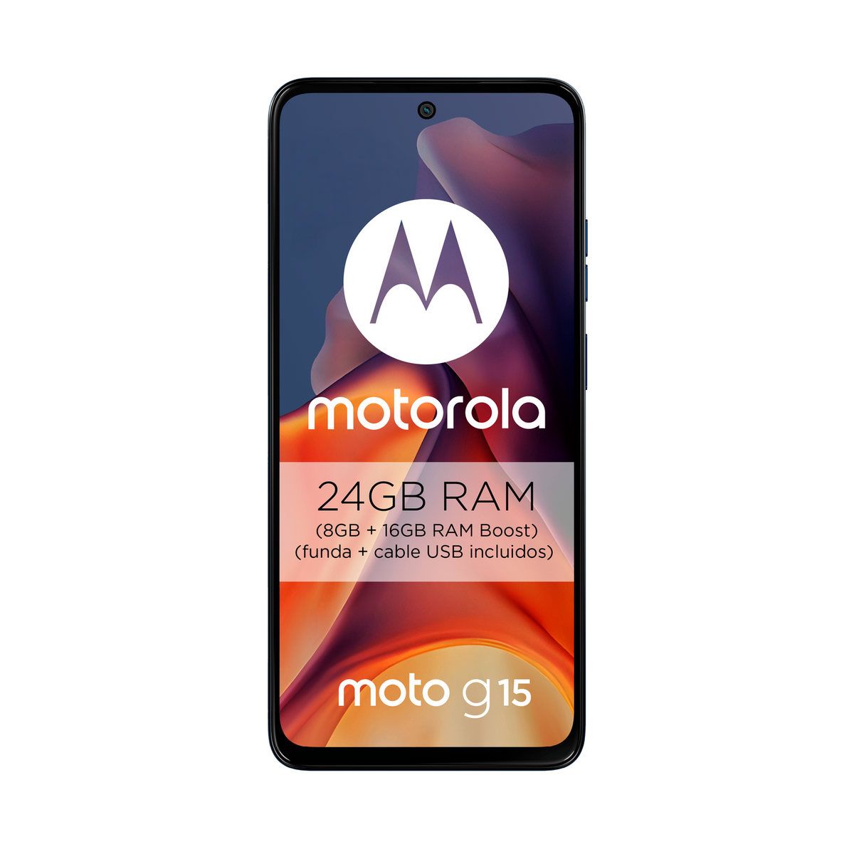 Smartfon Motorola Moto G15 na czarnej powierzchni, z białym logo Motorola i specyfikacją.