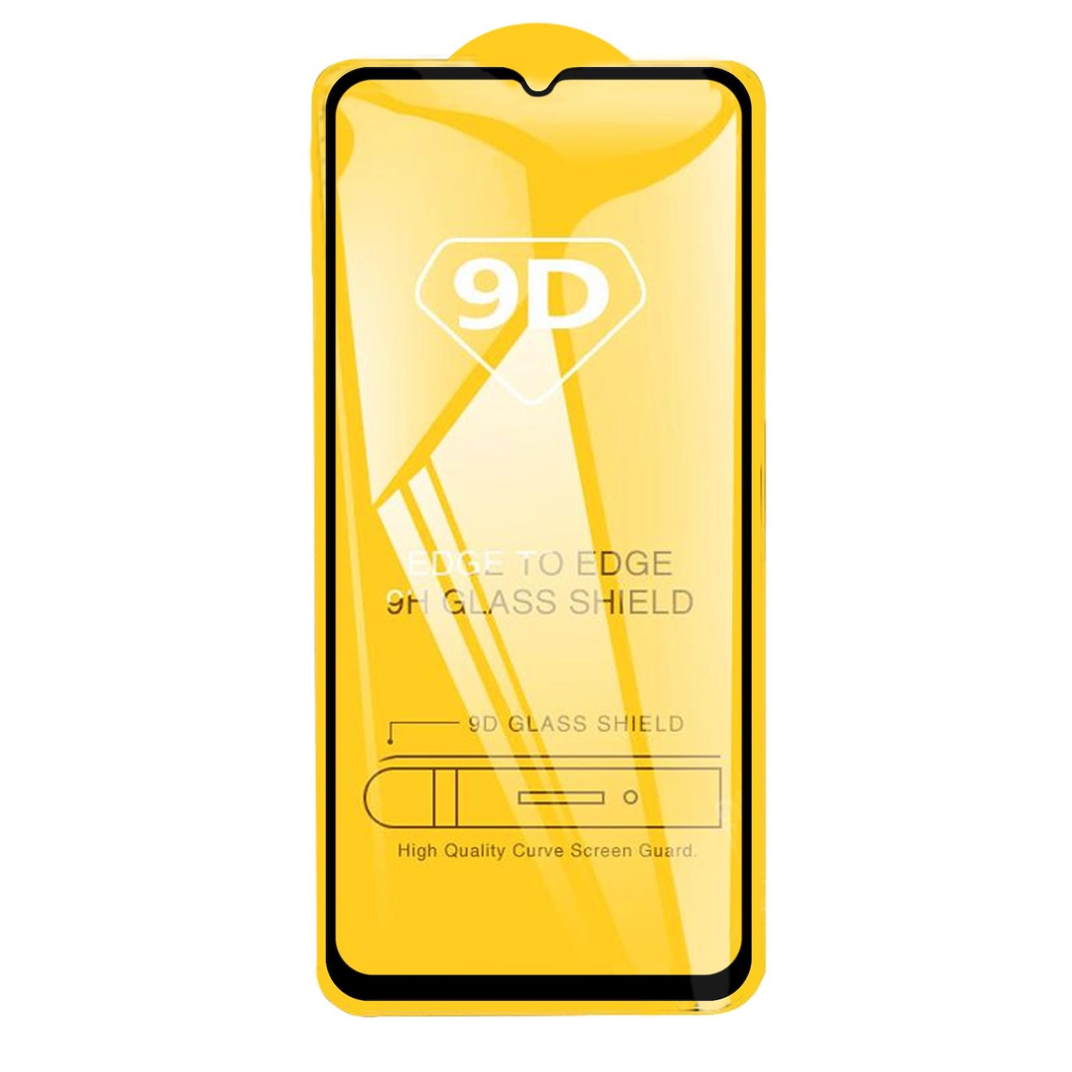 Proteggi schermo giallo per telefono con bordi curvi e dettagli di protezione in vetro 9D.