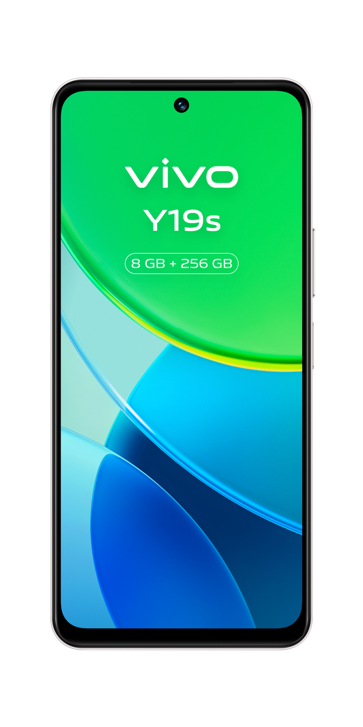 Smartfon Vivo Y19s z zielono-niebieskim tłem gradientowym i białą ramką. Posiada przedni aparat.