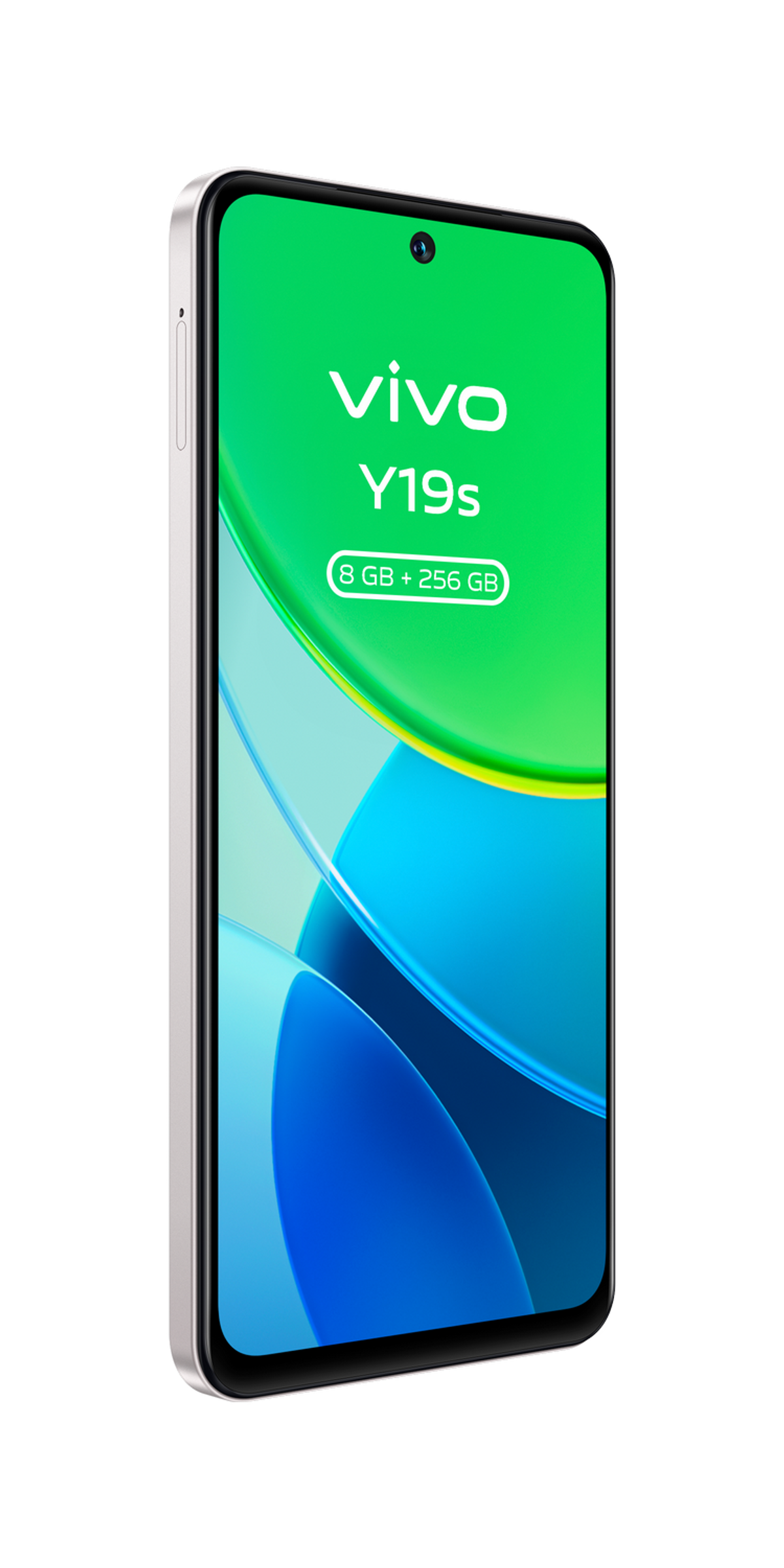 Smartfon Vivo Y19s z zielono-niebieskim gradientem na ekranie.