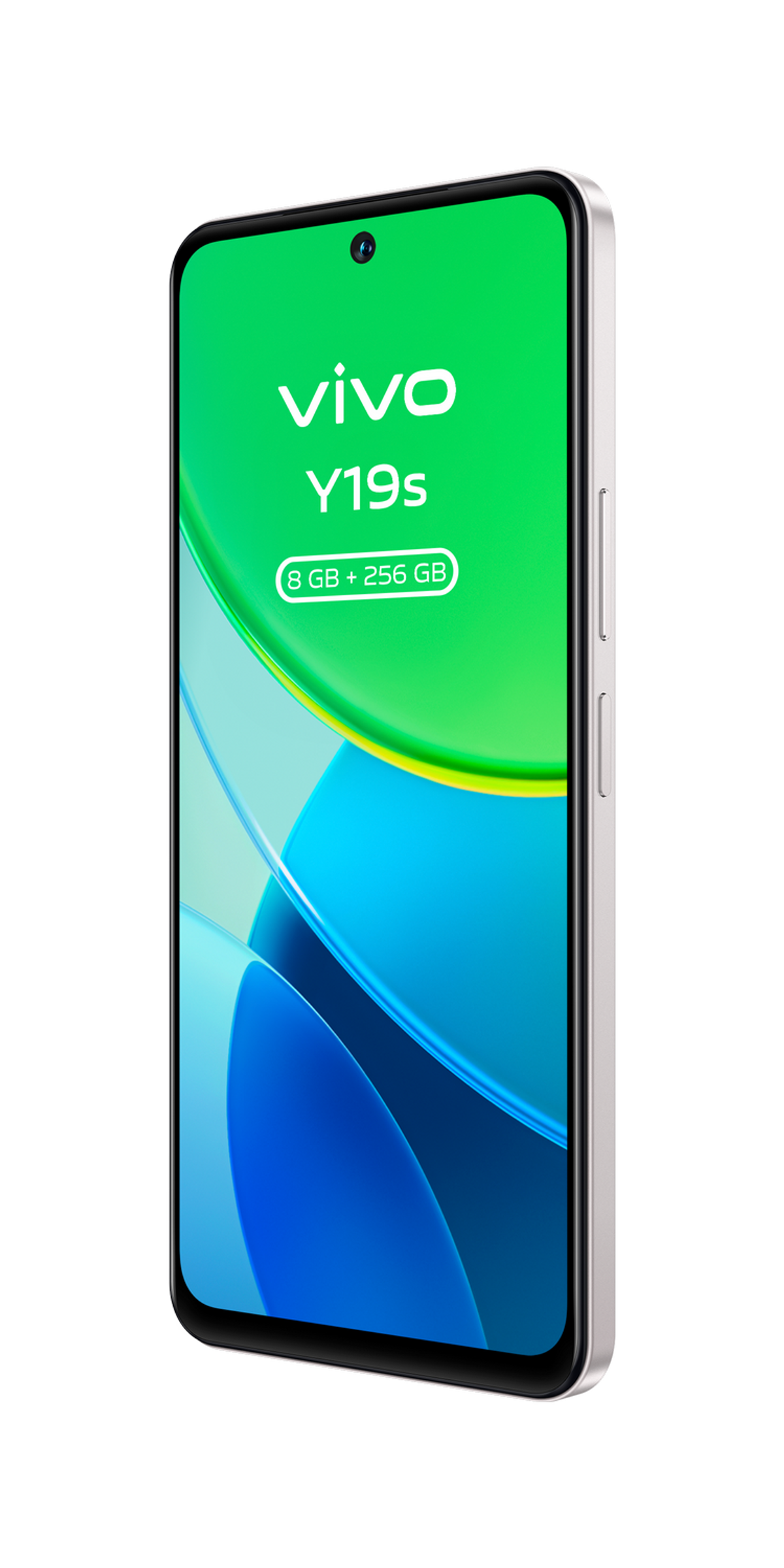 Smartfon Vivo Y19s. Zielony wyświetlacz. Biała i srebrna ramka.