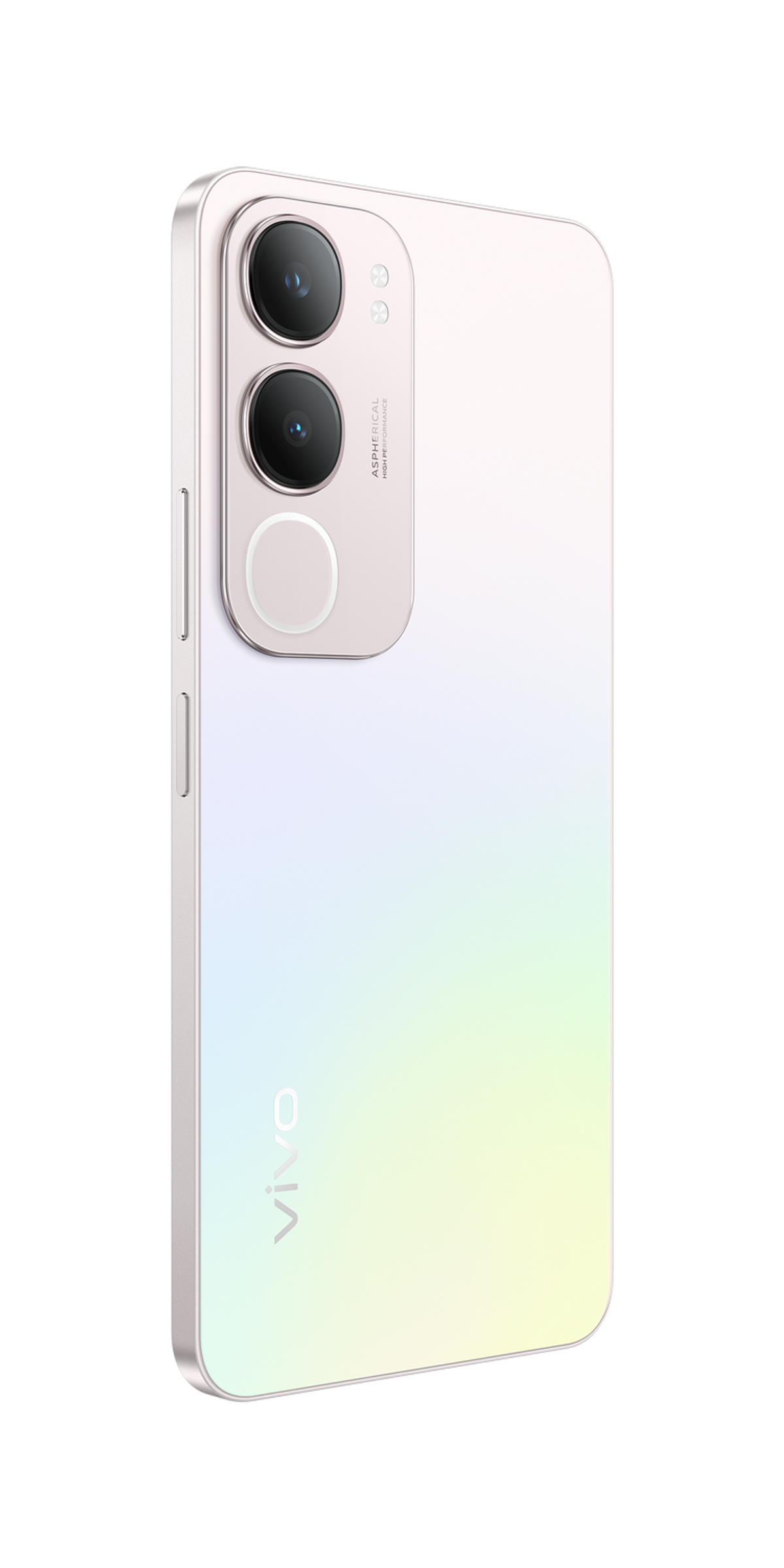 Biały i gradientowy telefon z trzema aparatami jest ustawiony pod kątem na czarnym tle.