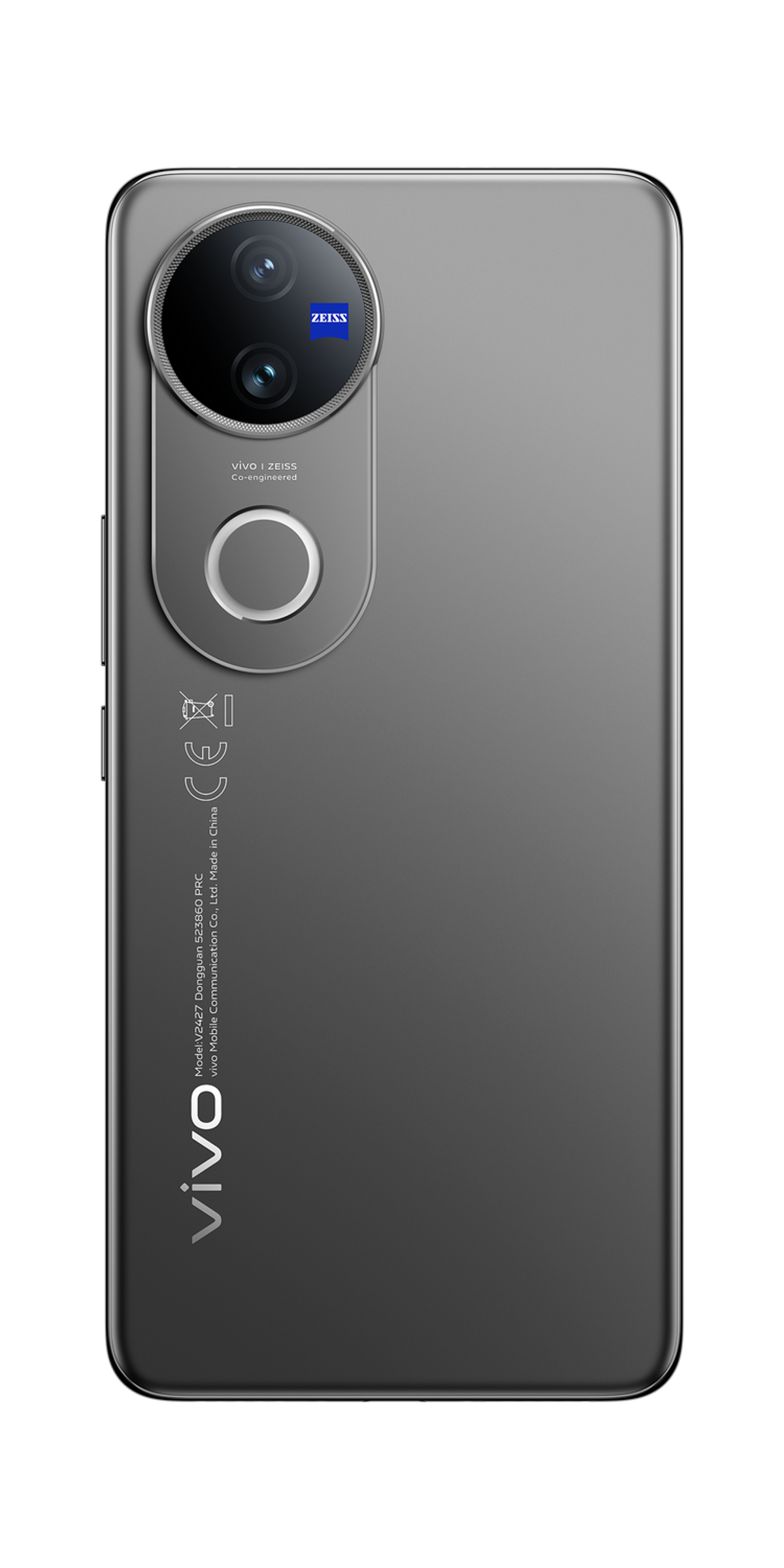 Tył szarego telefonu vivo z potrójnym aparatem i marką Zeiss.