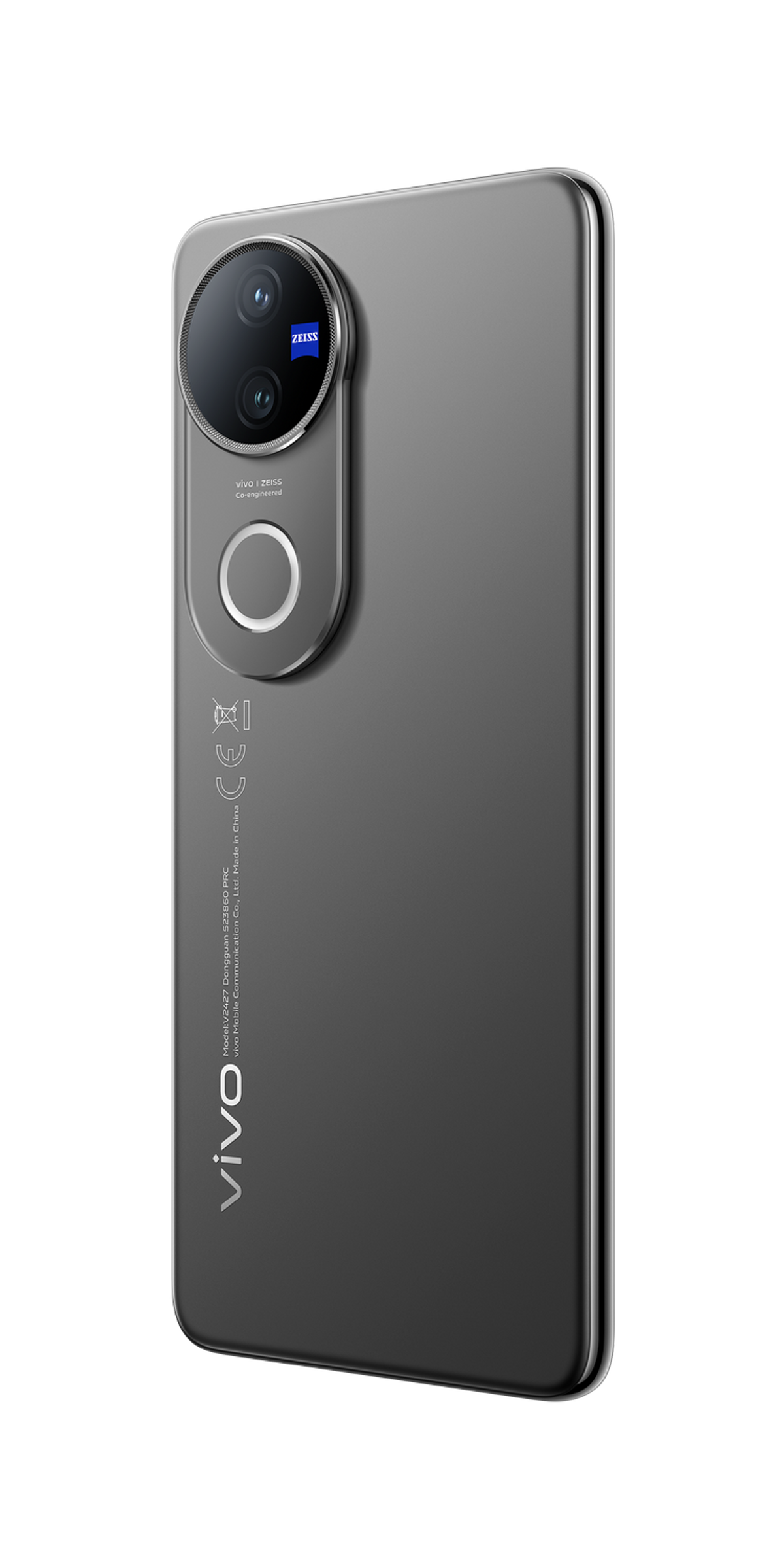 Ciemnoszary smartfon, widok z tyłu. Potrójny system aparatów, logo obiektywu Zeiss. Czarne tło.