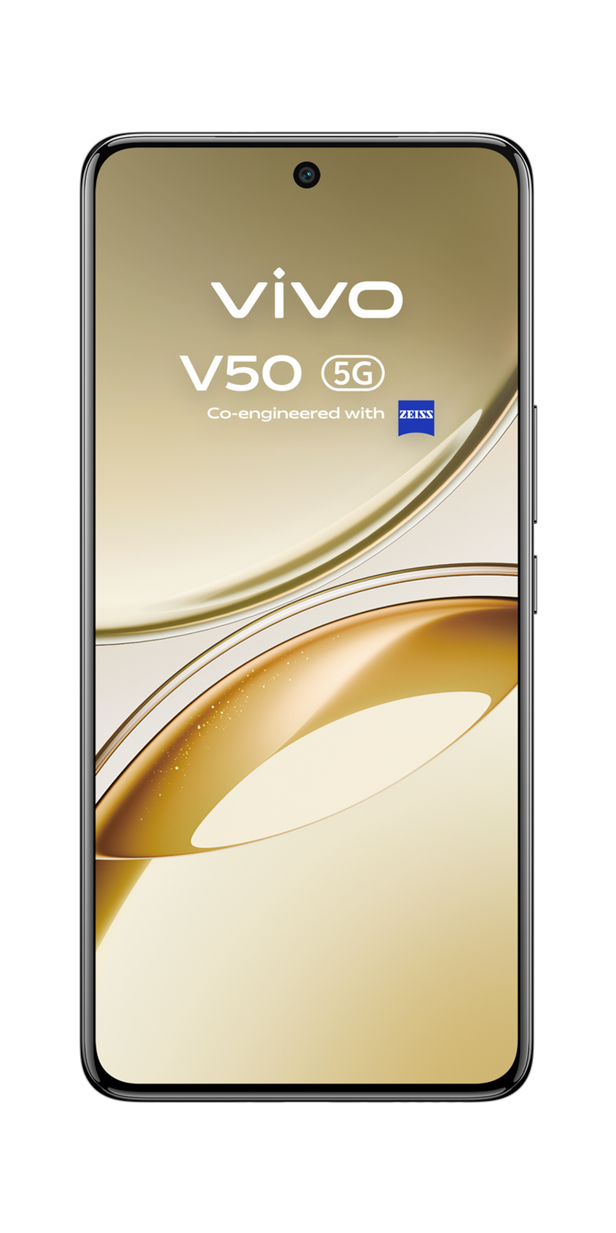 Złoty telefon z nazwą Vivo i logo 5G. Tło jest rozmyte, złote.