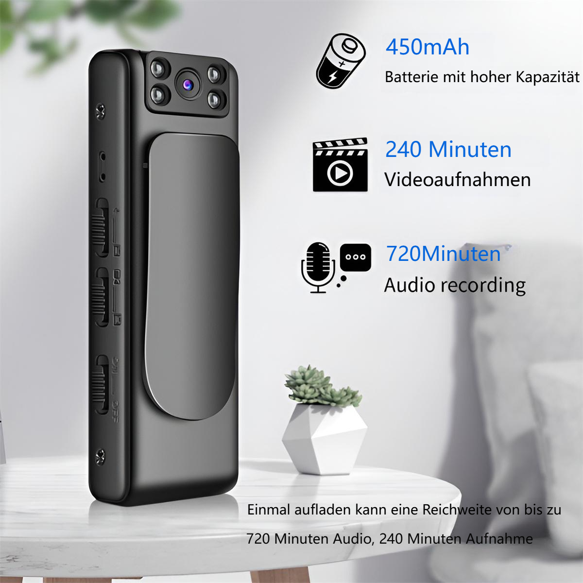 Schwarze Minikamera mit Text und Symbolen zu Akku und Aufnahmezeit.