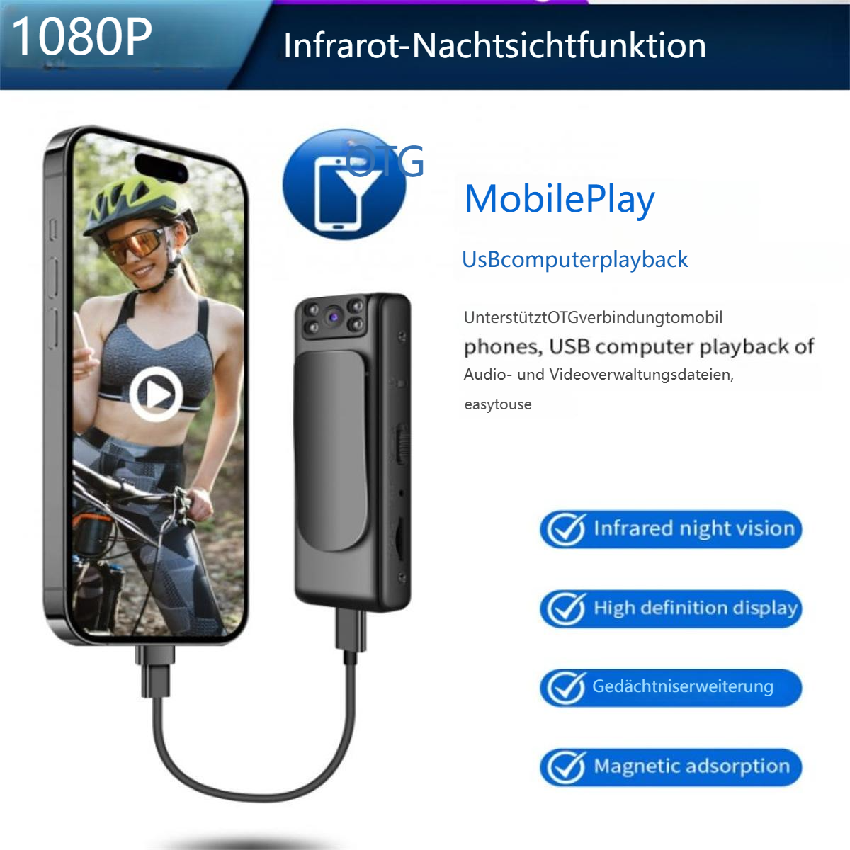 Eine Frau fährt Fahrrad mit einem Handy, das eine Live-Ansicht zeigt, und einer kleinen Kamera, die aufzeichnet.