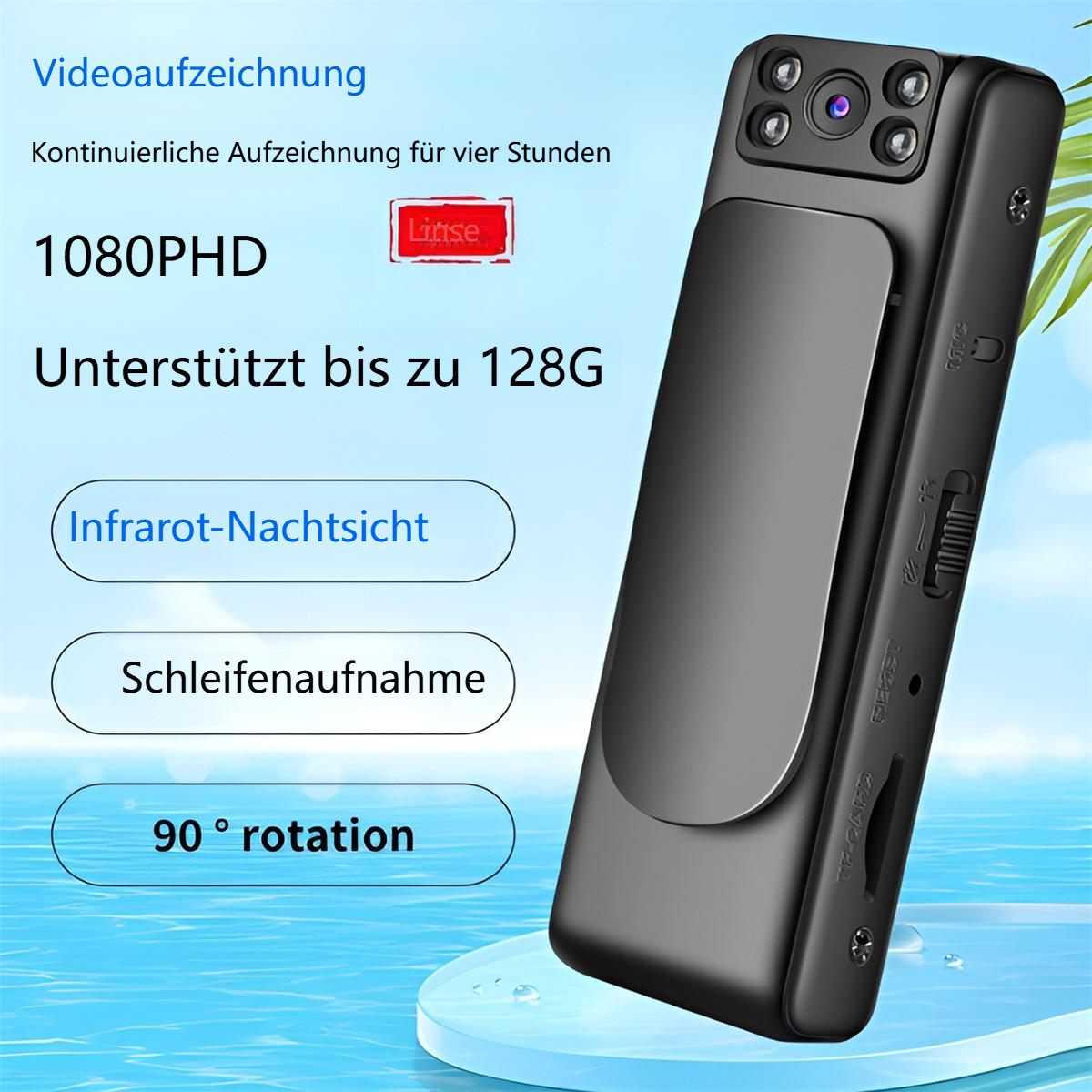 Schwarze Mini-Kamera mit Etiketten, auf blauem Wasserhintergrund. Merkmale: 1080PHD, Nachtsicht.