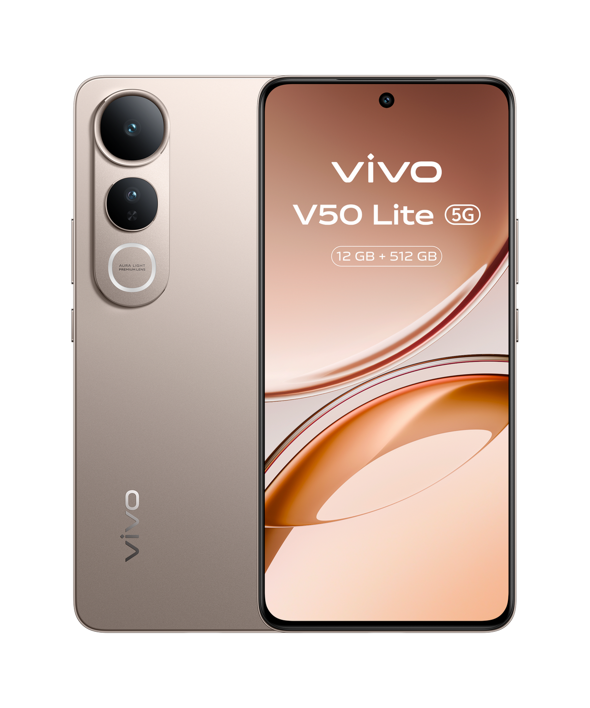Smartphone Vivo V50 Lite 5G en color dorado, mostrando pantalla y cámara trasera.