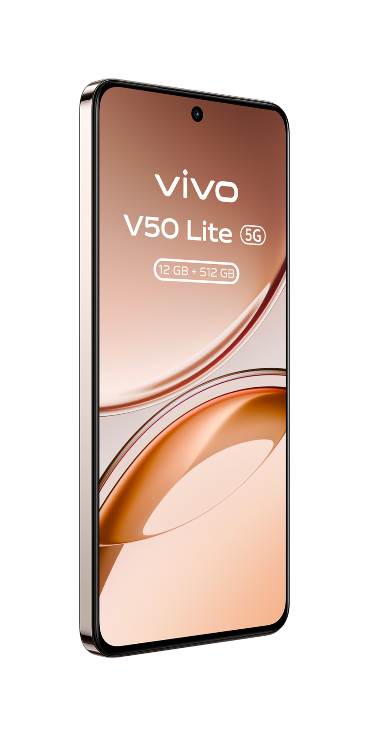 Złoty smartfon Vivo V50 Lite 5G, pokazujący ekran z nazwą marki i specyfikacjami.
