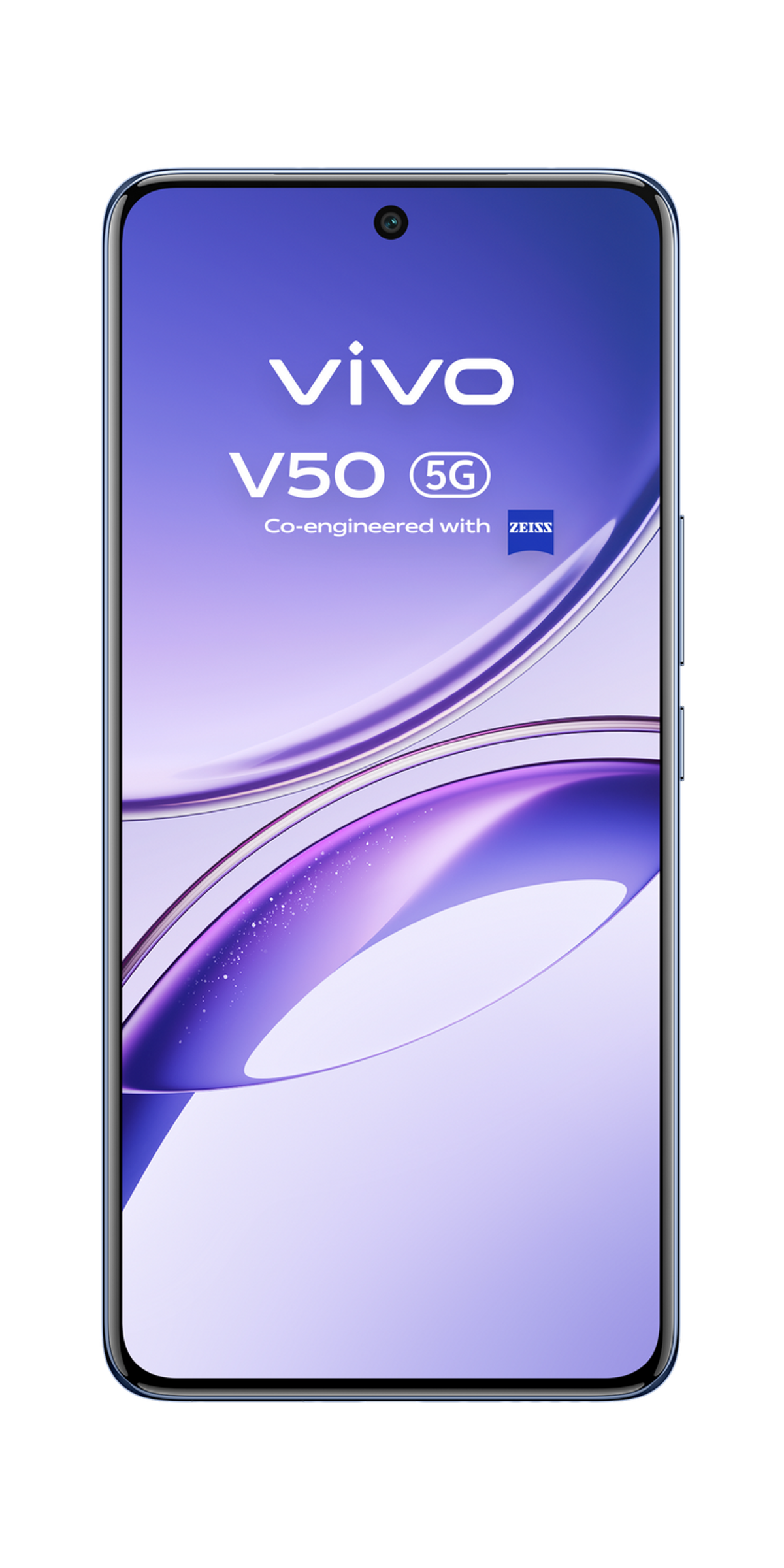 Fioletowo-niebieski smartfon VIVO V50 5G z okrągłym obiektywem aparatu.
