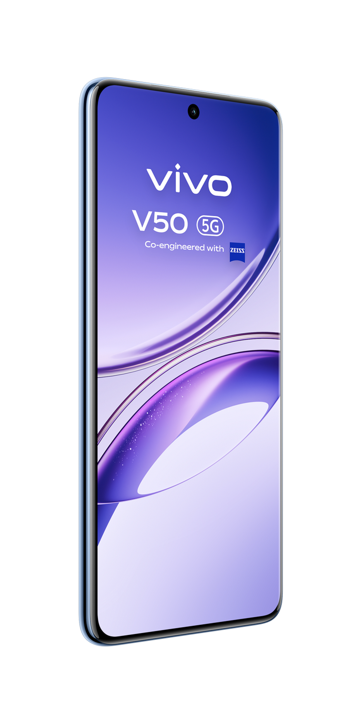 Telefon Vivo V50 5G, niebieski gradient ekranu, widok z boku. Widoczne logo Vivo i Zeiss.