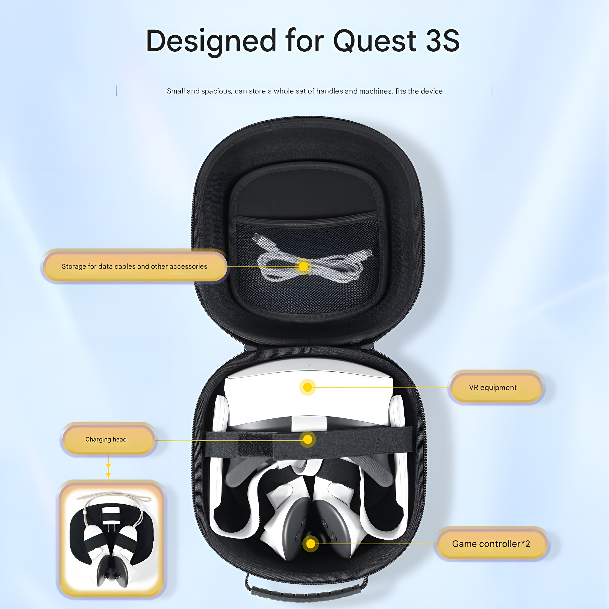 Ein VR-Headset in einem schwarzen Koffer. Zubehör umfasst Ladekopf, VR-Ausrüstung und Gamecontroller.