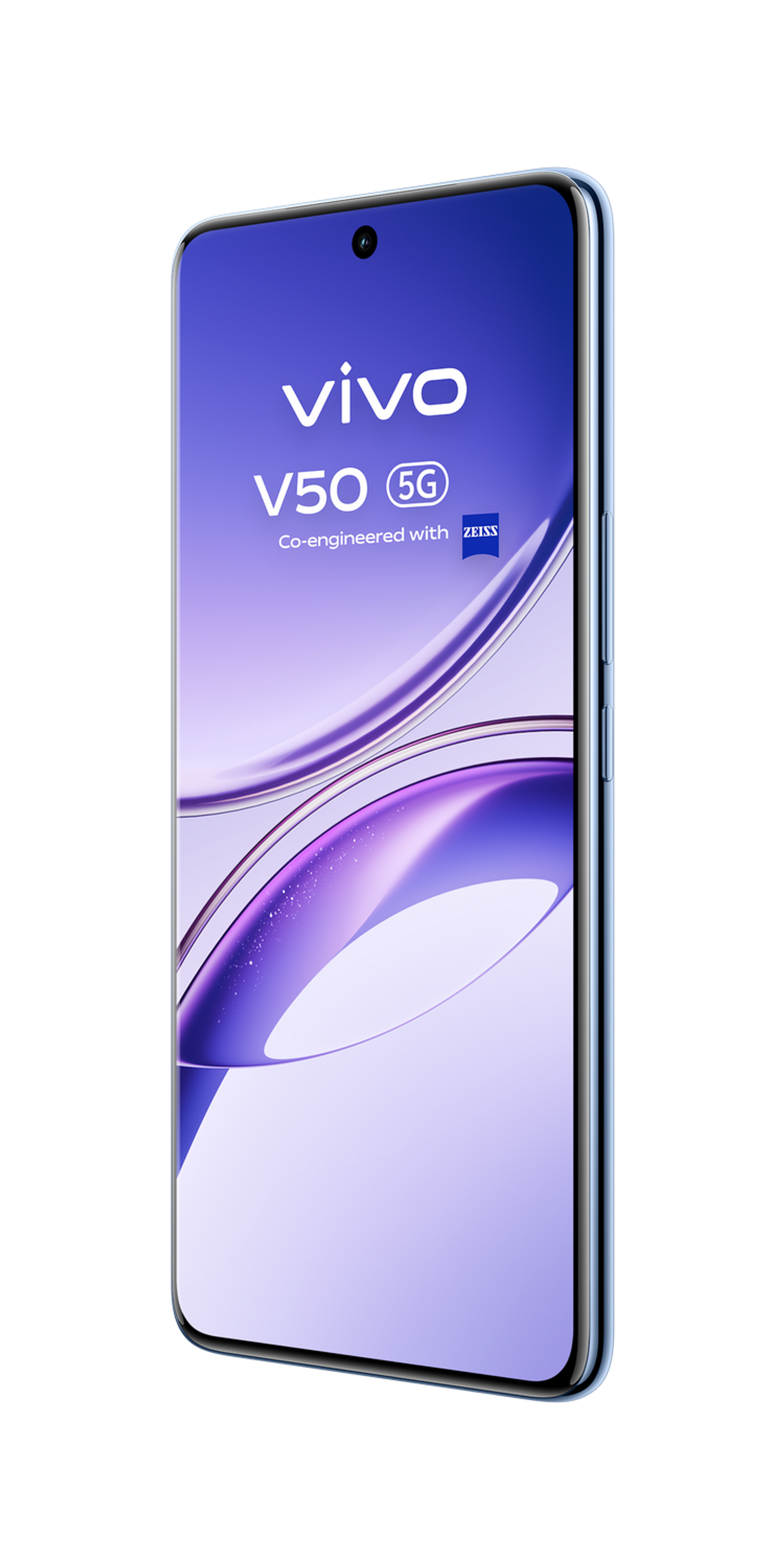 Smartfon z niebiesko-fioletowym ekranem, pochylony w prawo.