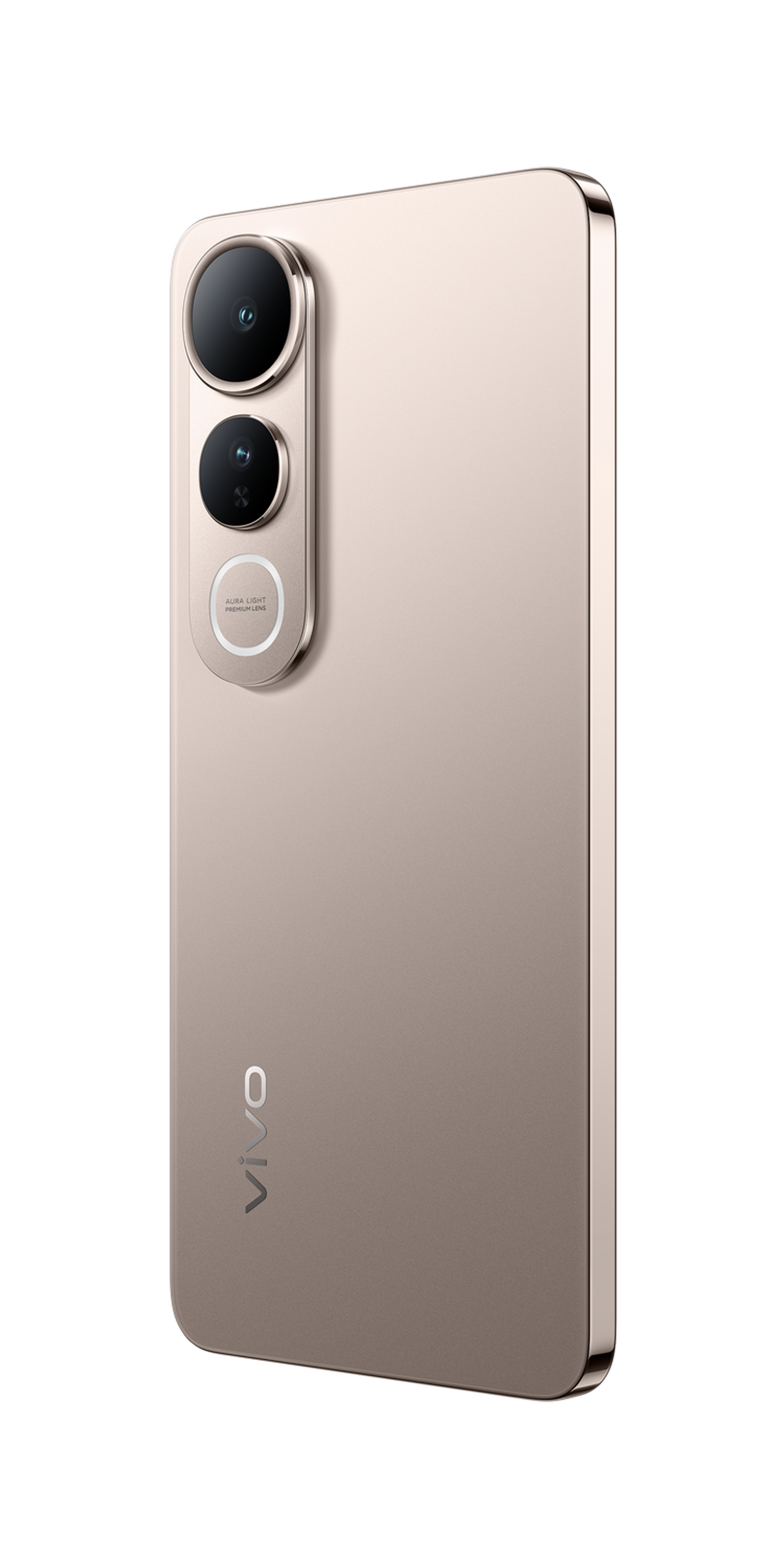 Złoty telefon z trzema tylnymi aparatami. Z logo Vivo na plecach i czarnym tłem.