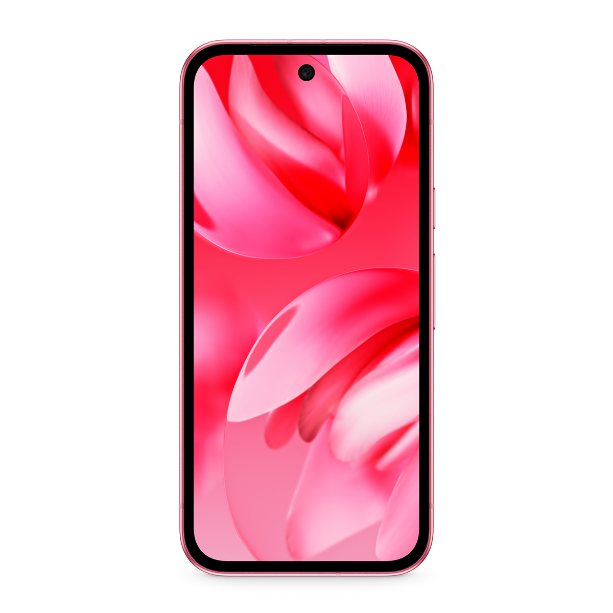 Różowy telefon z ekranem wyświetlającym różowy, abstrakcyjny wzór. Telefon ma różową ramkę, białe tło.