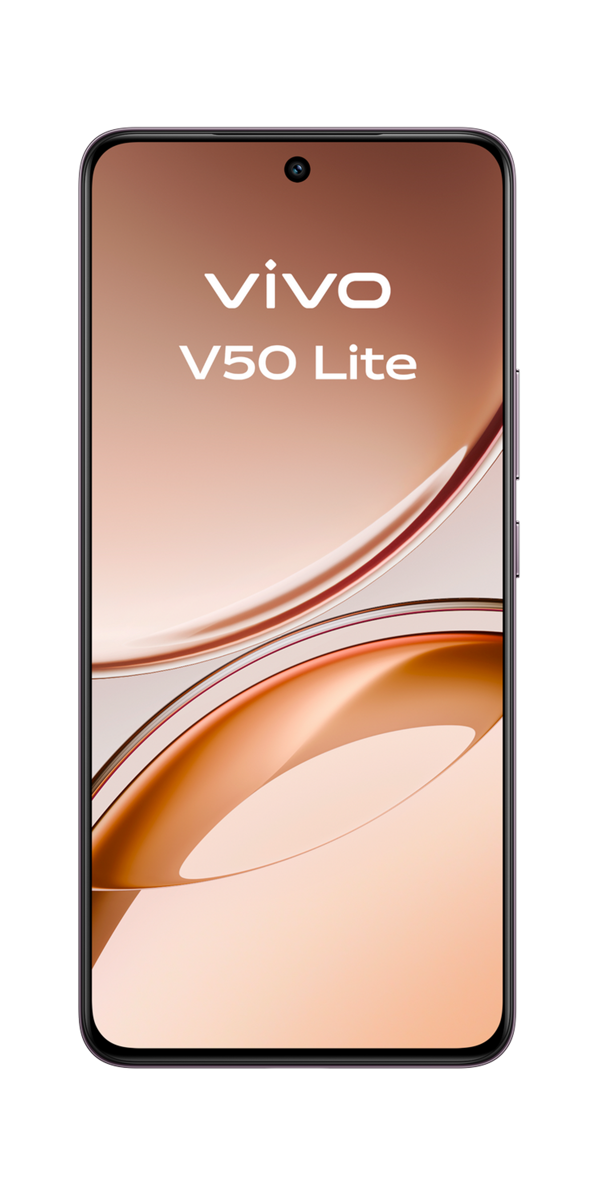 Smartfon Vivo V50 Lite z zakrzywionym ekranem jest wyświetlany na czarnym tle.