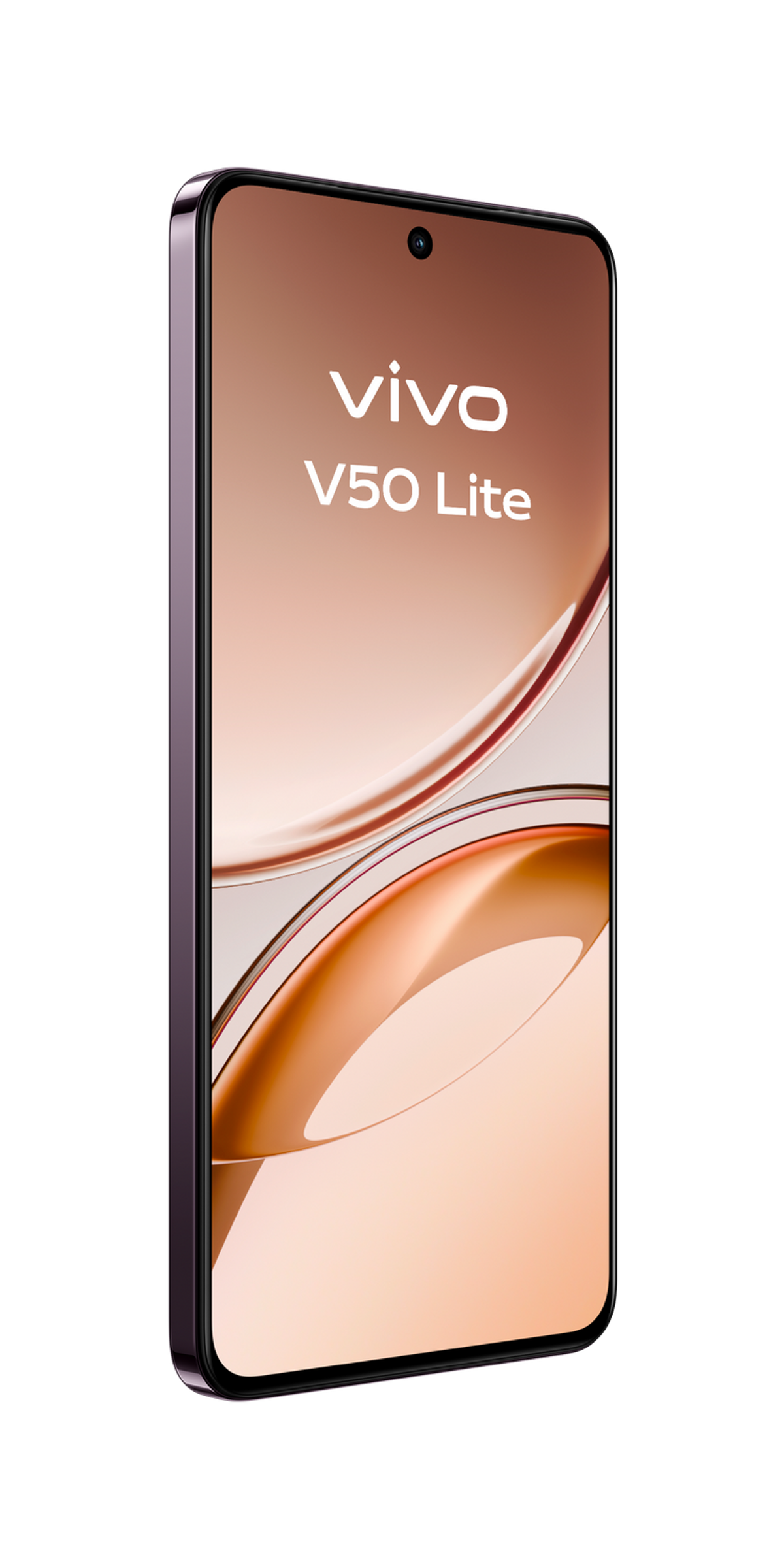 Fioletowy telefon Vivo V50 Lite na czarnym tle, pokazujący ekran.
