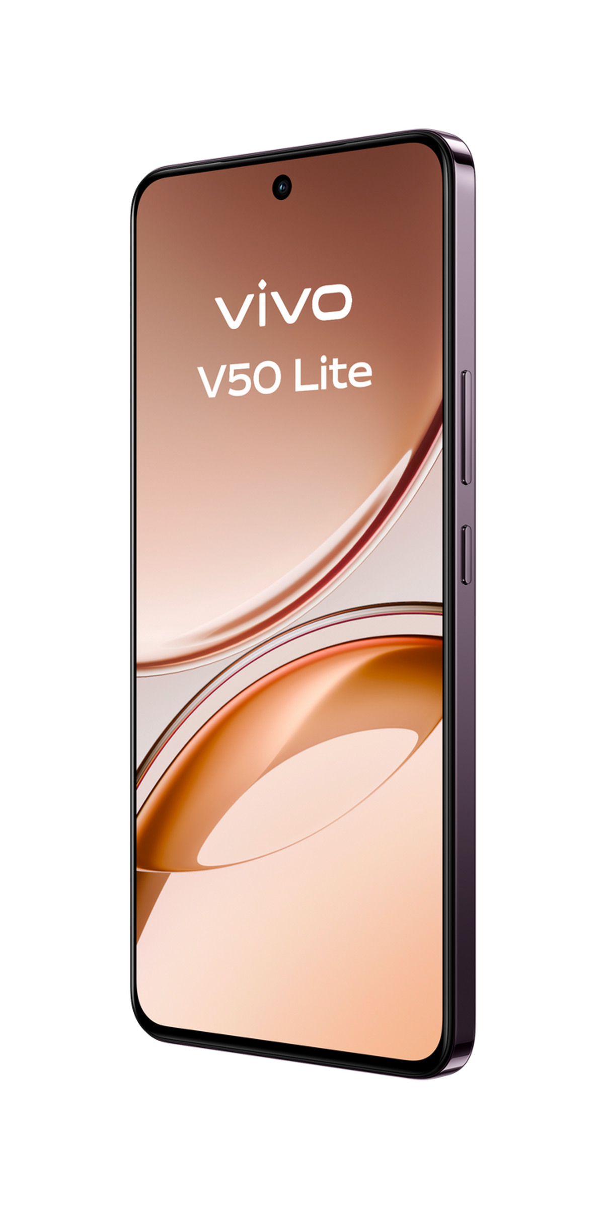 Przechylony telefon Vivo V50 Lite wyświetla ekran. Telefon jest fioletowy z brązowym tłem ekranu.