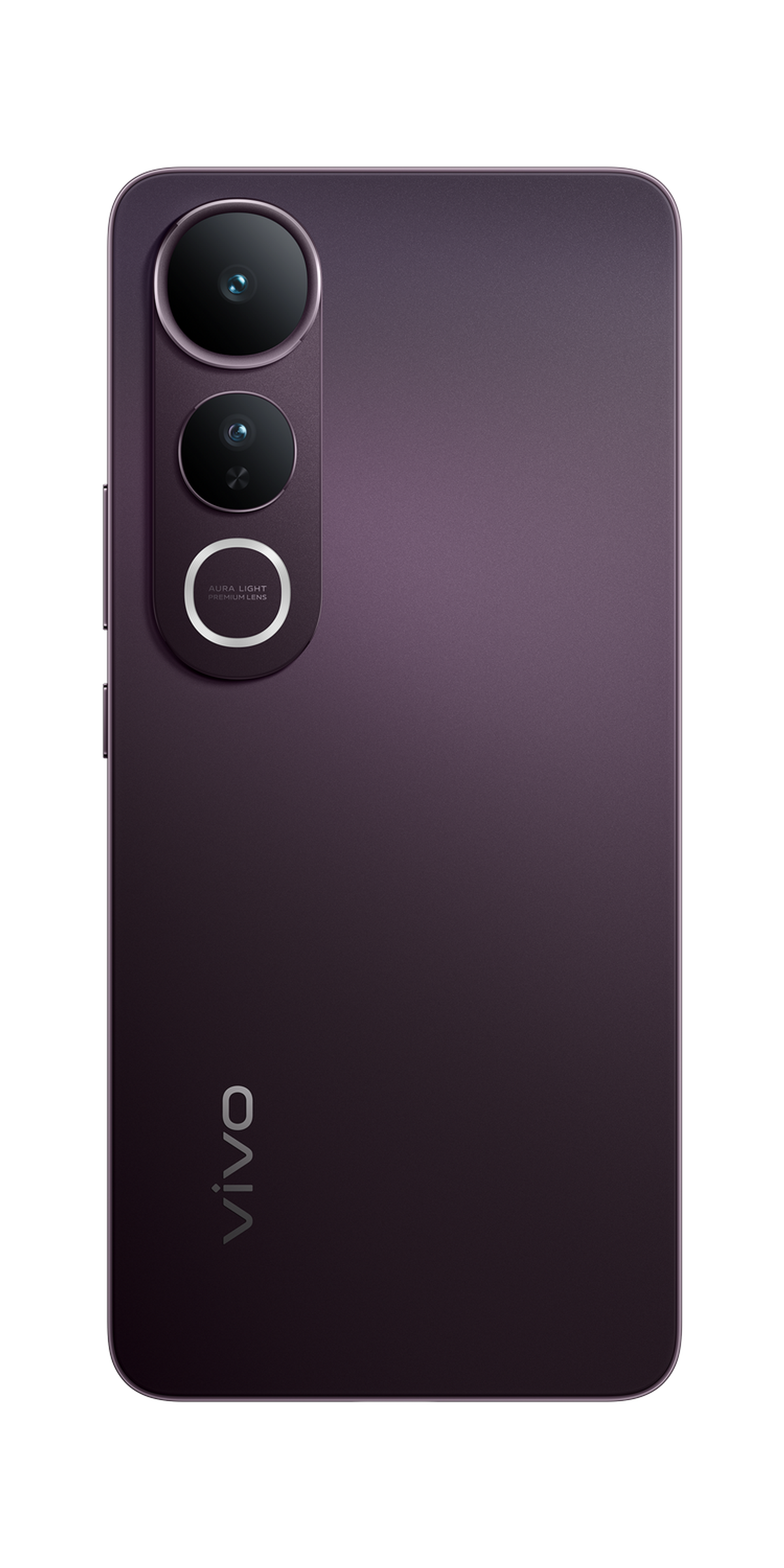 Fioletowy tył telefonu, trzy aparaty i logo vivo.