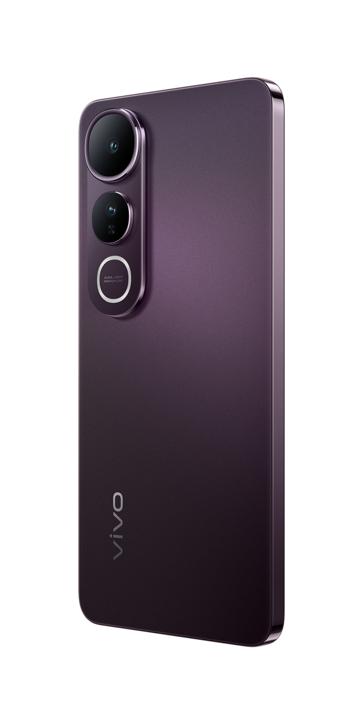 Fioletowy telefon Vivo, widok z tyłu pokazujący trzy aparaty i markę Vivo, na czarnym tle.
