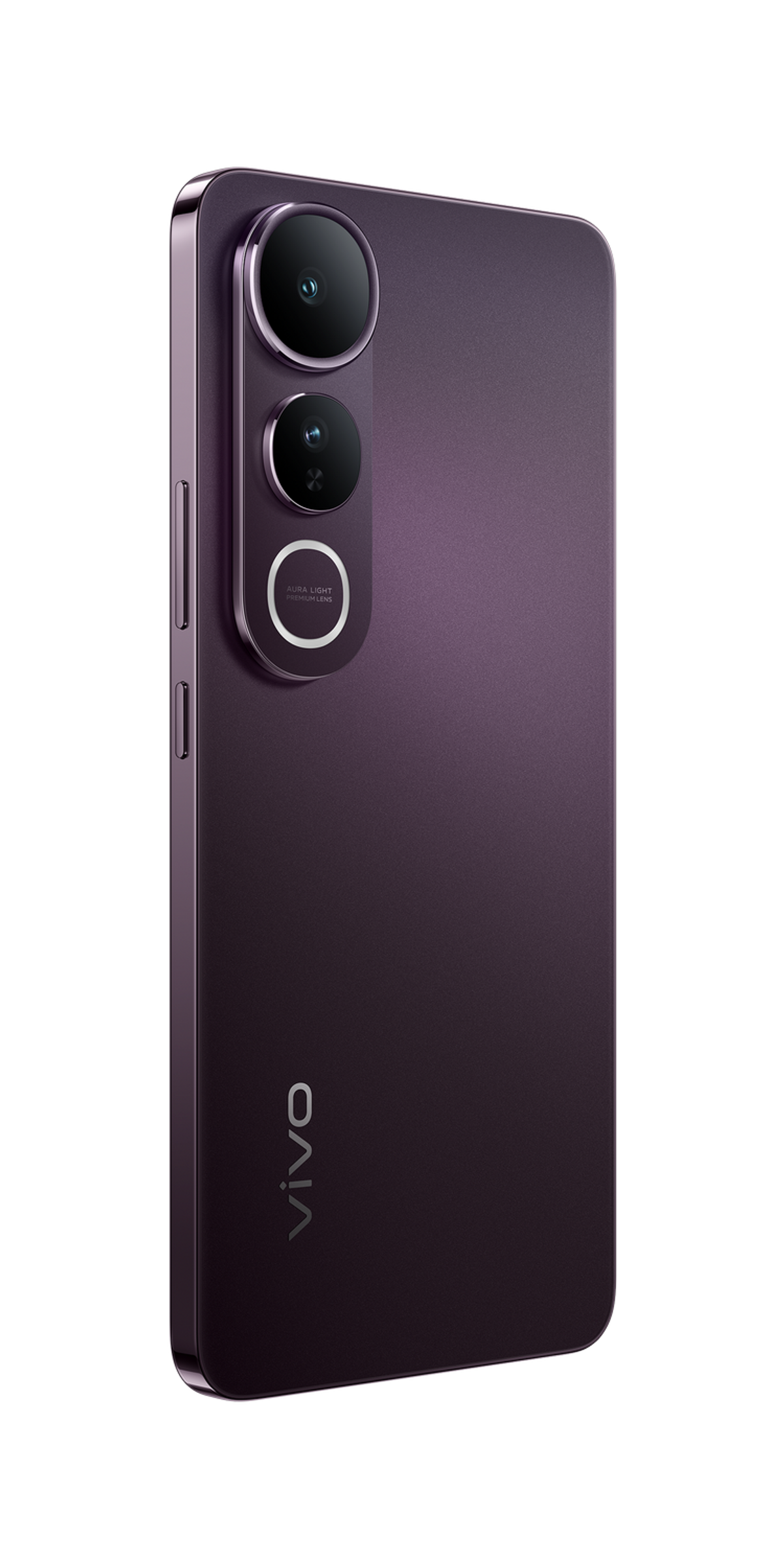 Smartfon Vivo. Fioletowy tył z aparatami. Wyświetlacz wyłączony. Przyciski z boku.