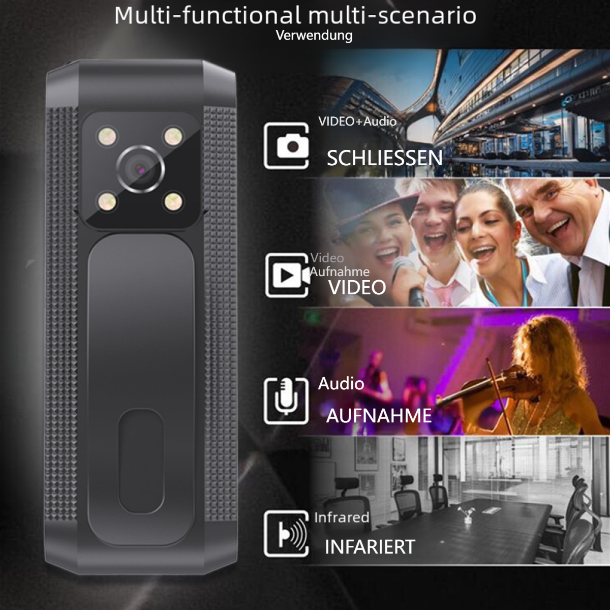 Schwarzes multifunktionales Kameragerät, verschiedene Szenen-Icons, Menschen im Hintergrund, Produktanzeige.