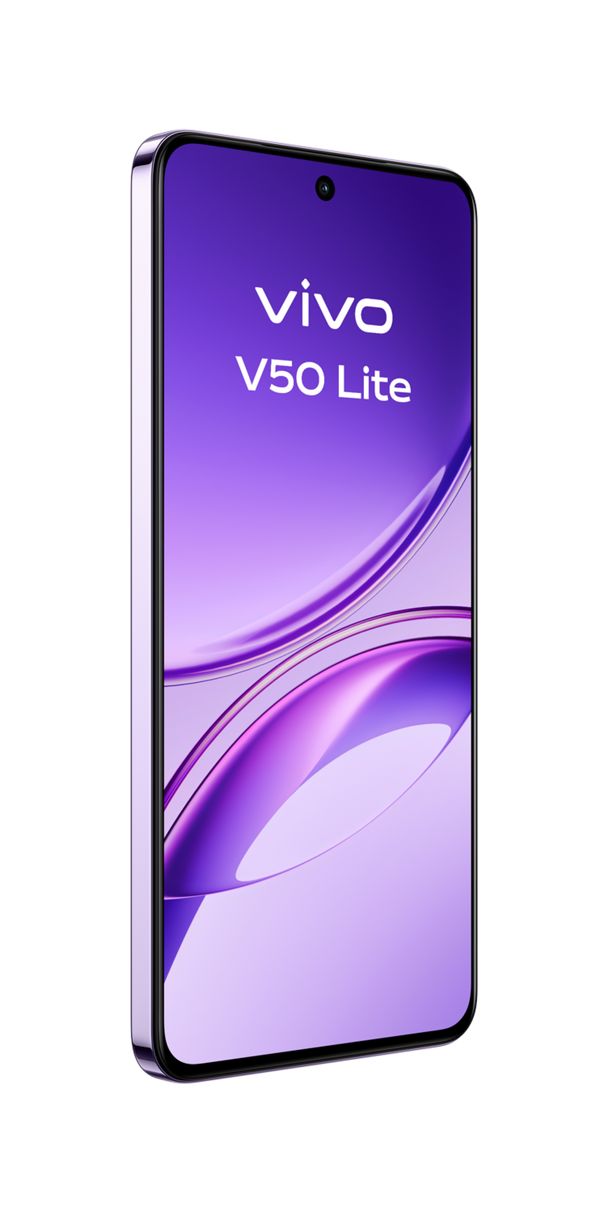 Fioletowy telefon Vivo V50 Lite, wyświetlany pod kątem, na czarnym tle.